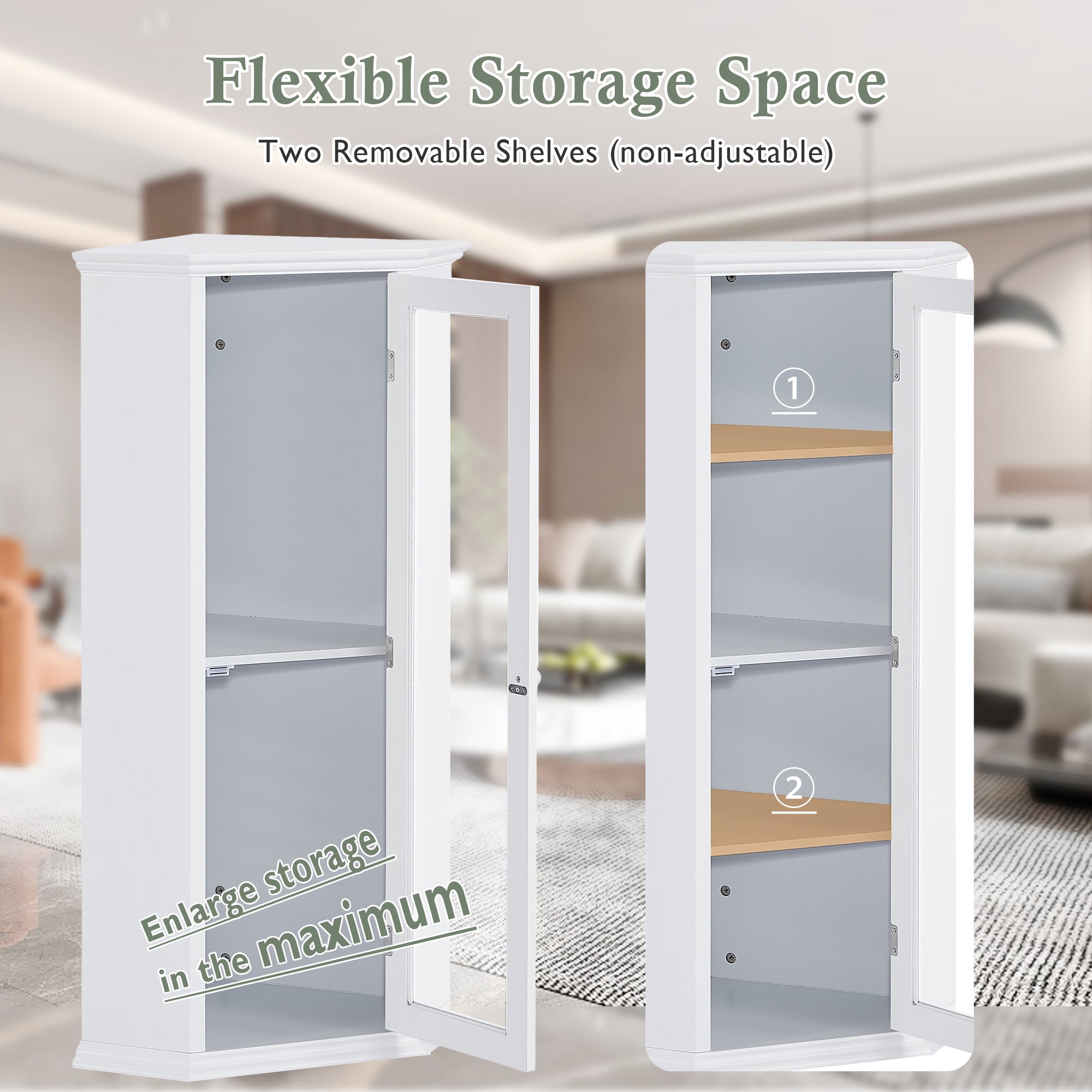 42" Tall Wood 1-door Bathroom Cabinet in White with Removable Shelf