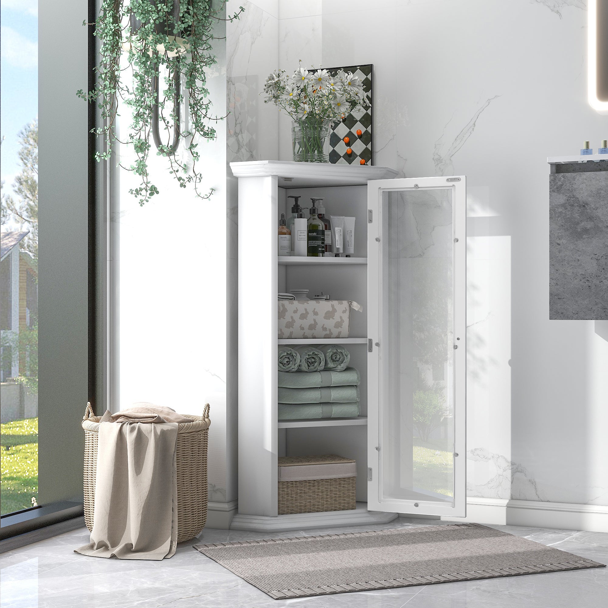 42" Tall Wood 1-door Bathroom Cabinet in White with Removable Shelf