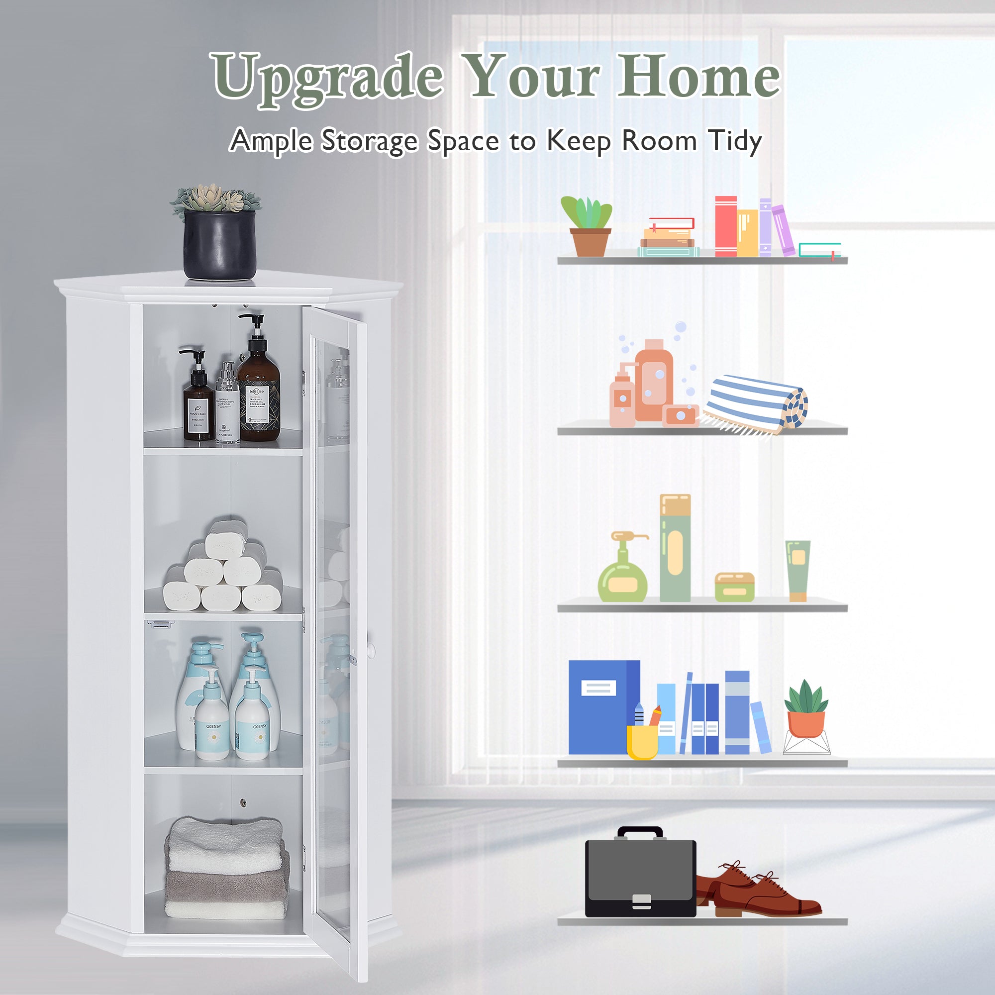42" Tall Wood 1-door Bathroom Cabinet in White with Removable Shelf