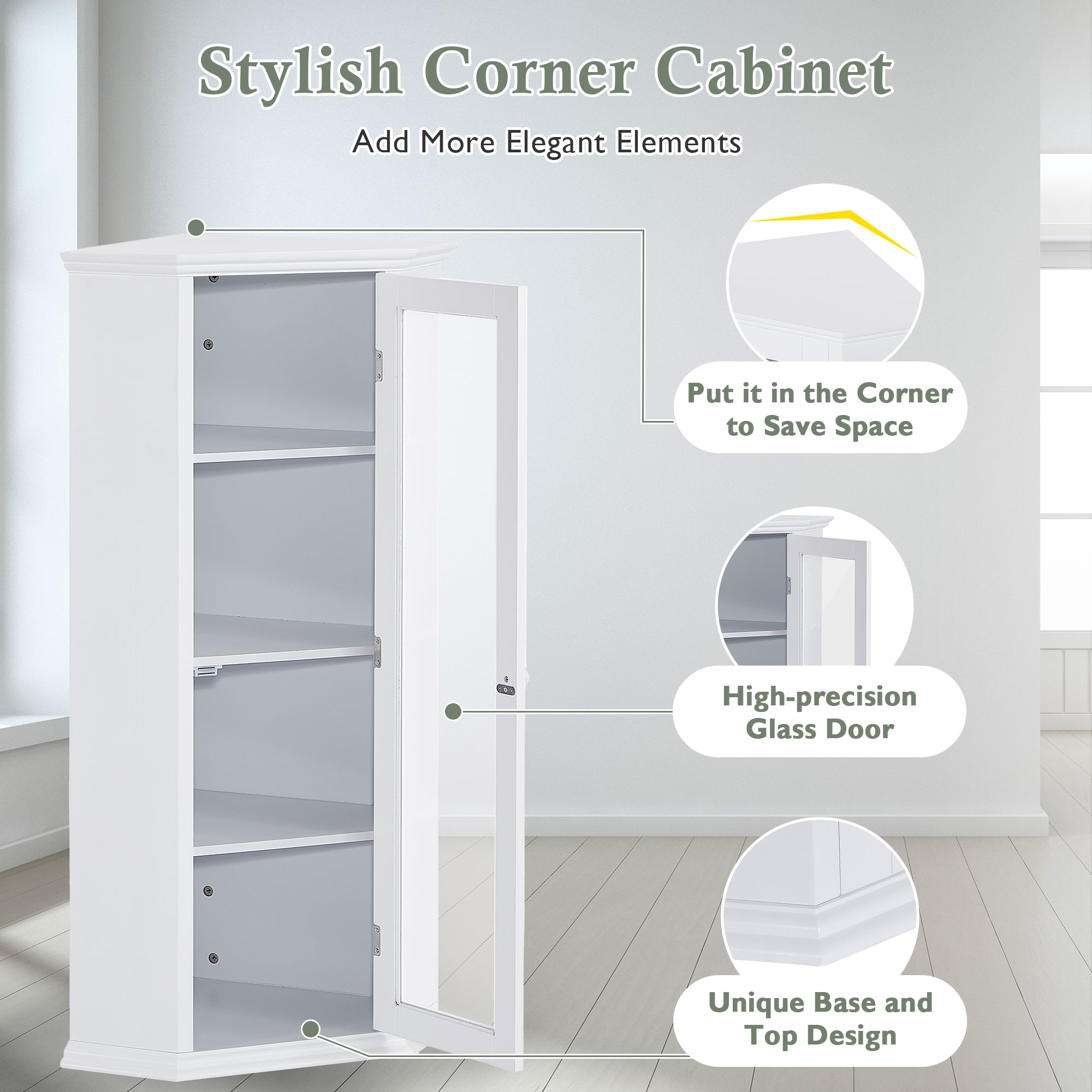 42" Tall Wood 1-door Bathroom Cabinet in White with Removable Shelf