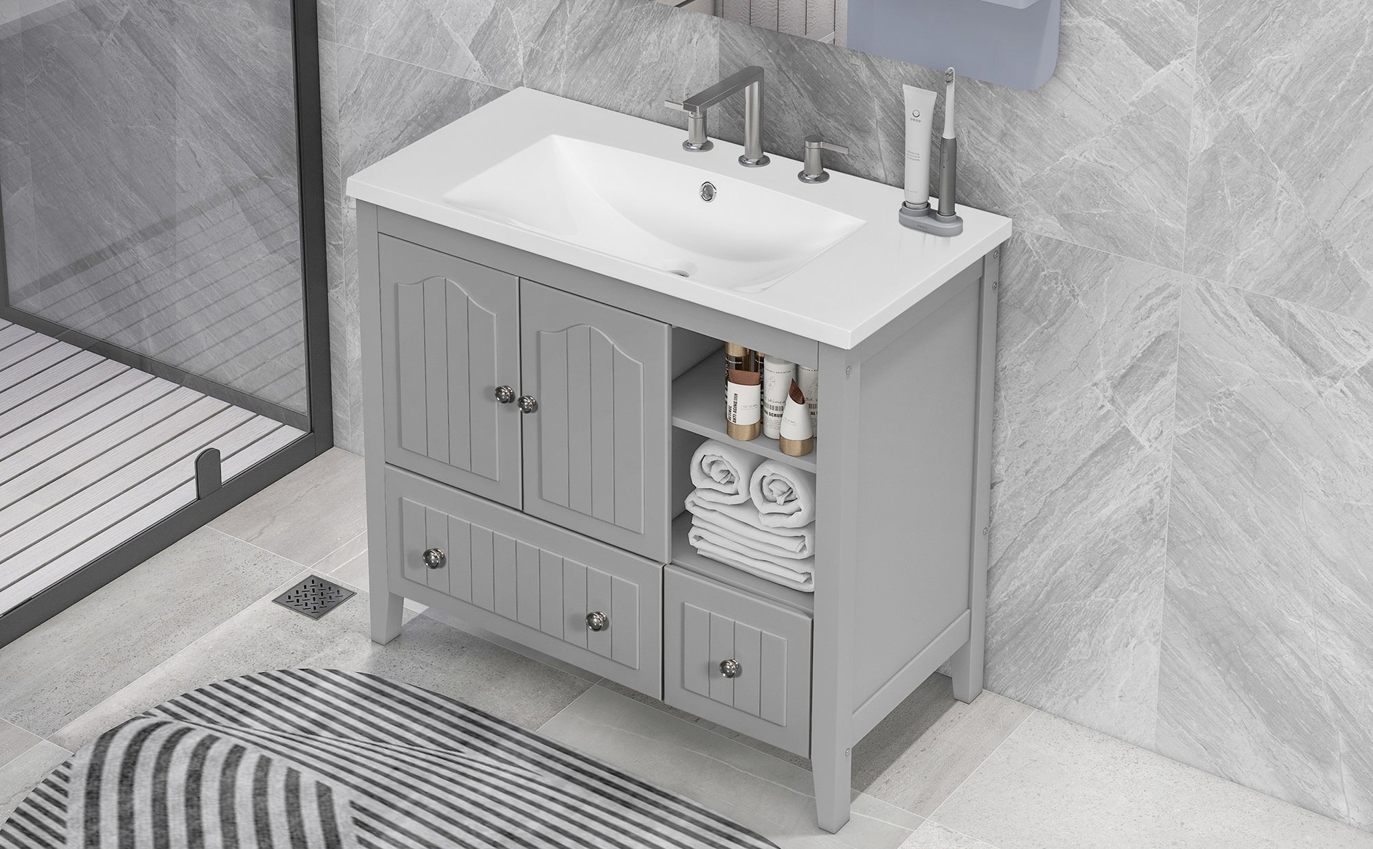 36 inch MDF Freestanding Bathroom Vanity Set with Doors and Drawer and Integrated Ceramic Sink