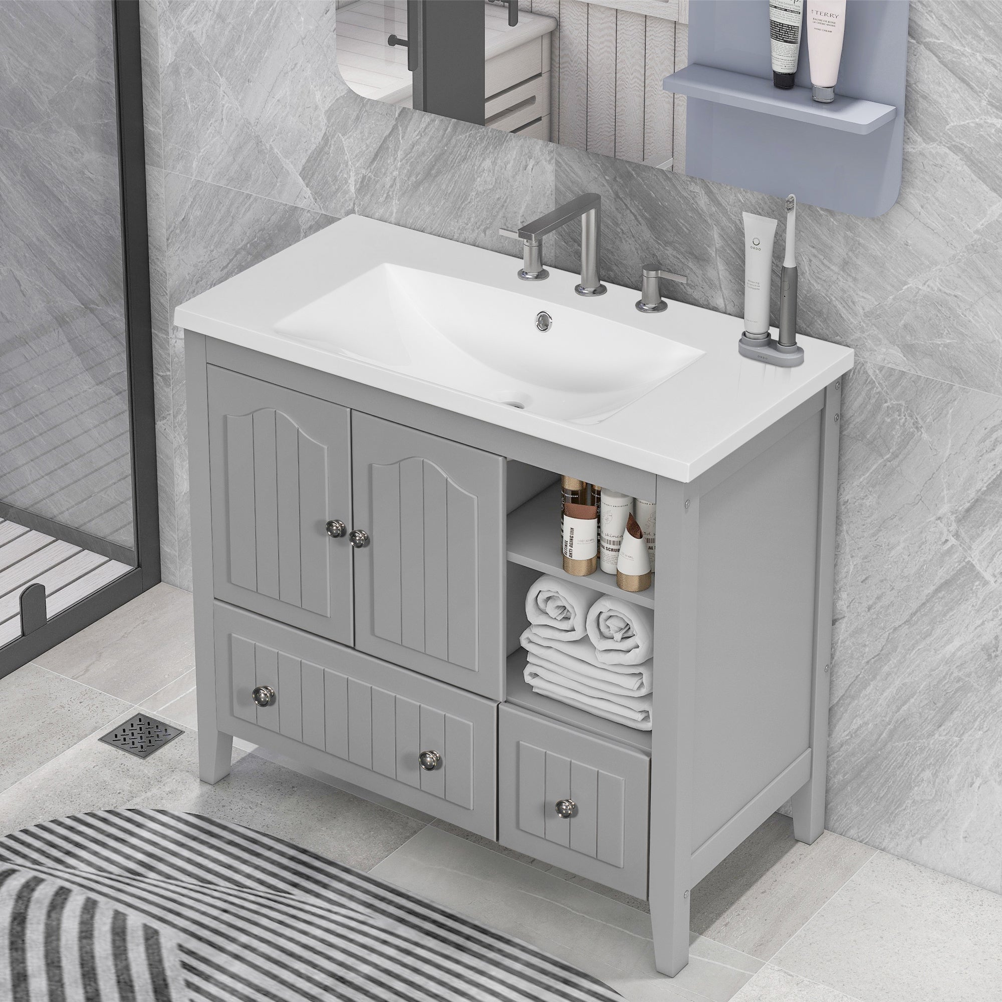 36 inch MDF Freestanding Bathroom Vanity Set with Doors and Drawer and Integrated Ceramic Sink
