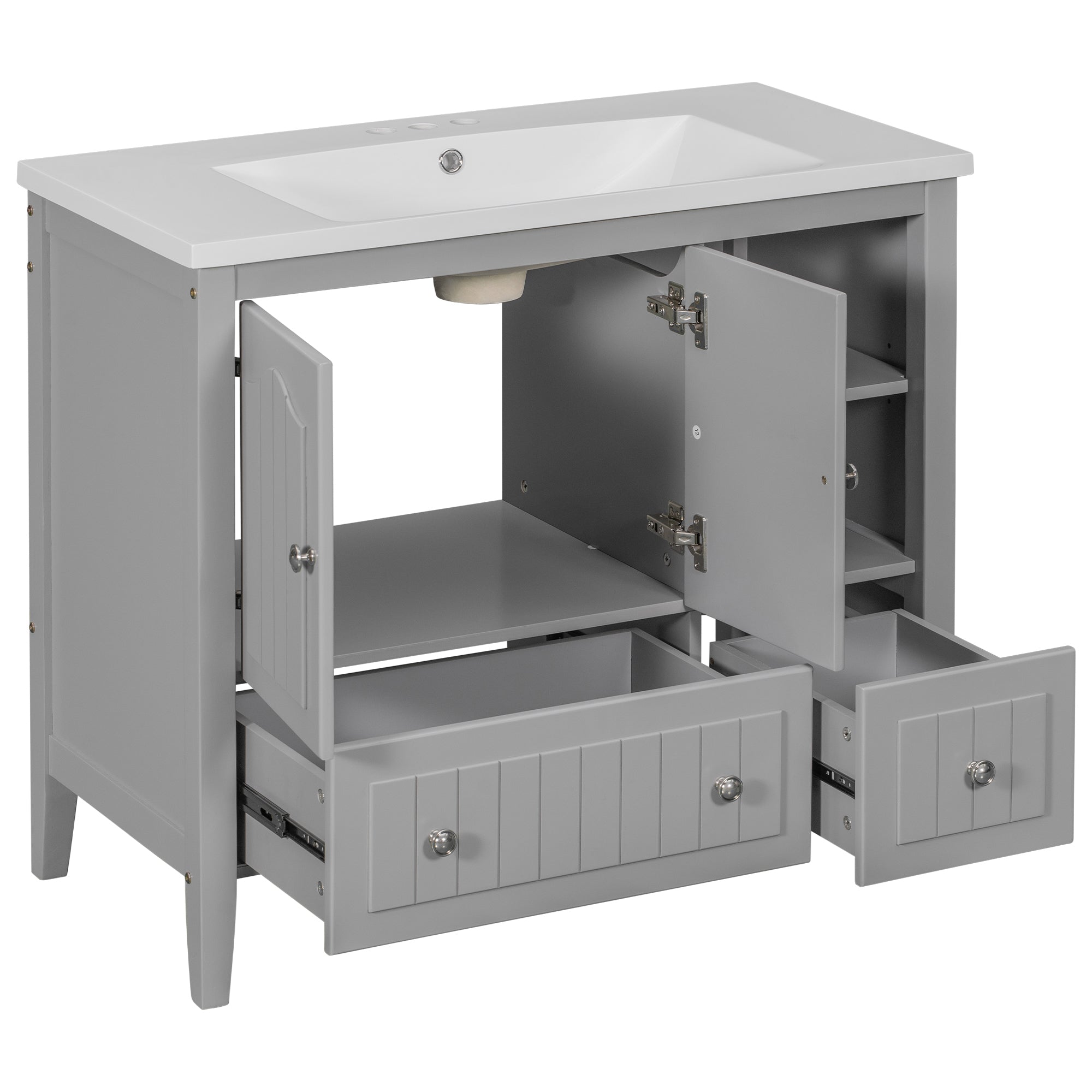 36 inch MDF Freestanding Bathroom Vanity Set with Doors and Drawer and Integrated Ceramic Sink
