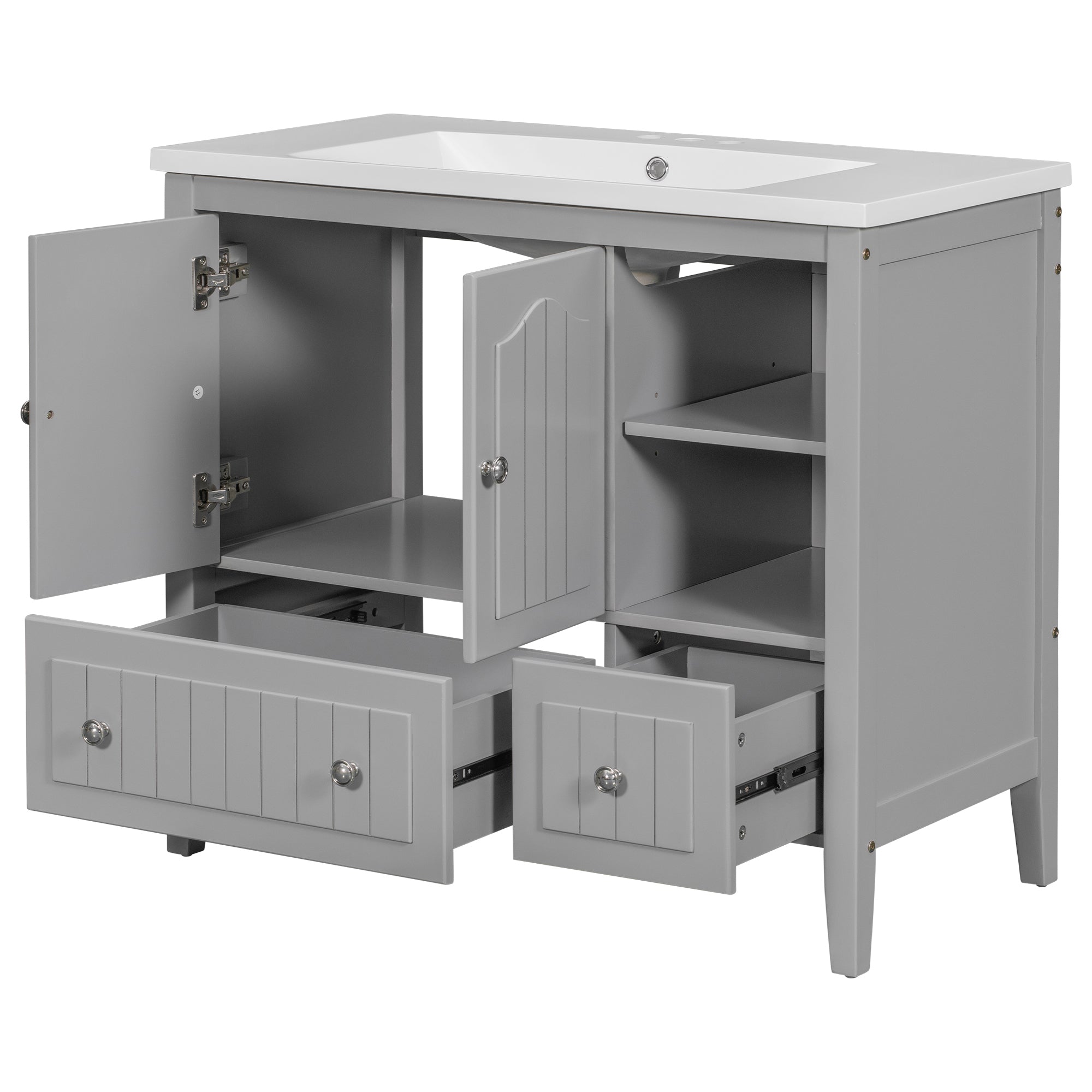 36 inch MDF Freestanding Bathroom Vanity Set with Doors and Drawer and Integrated Ceramic Sink