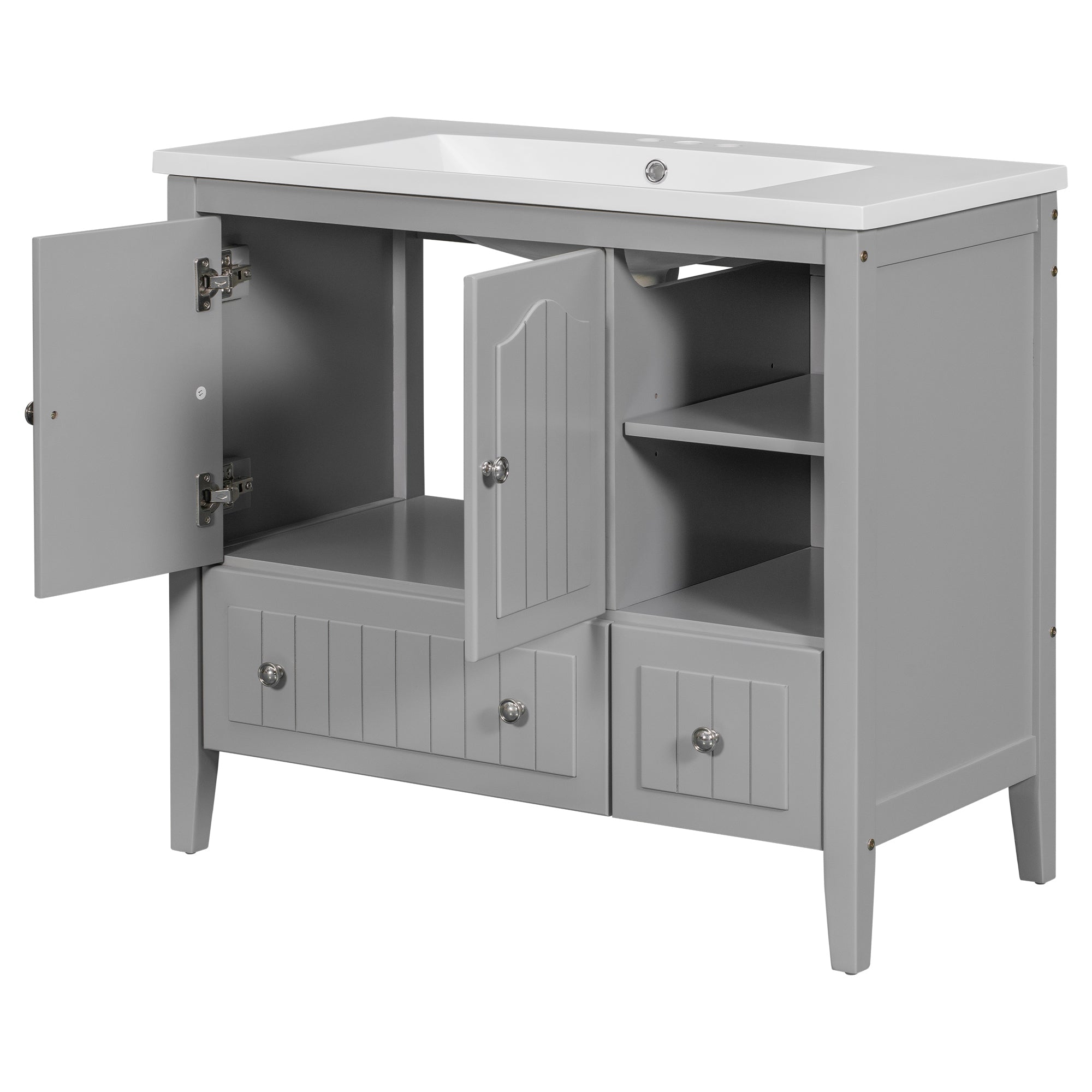 36 inch MDF Freestanding Bathroom Vanity Set with Doors and Drawer and Integrated Ceramic Sink