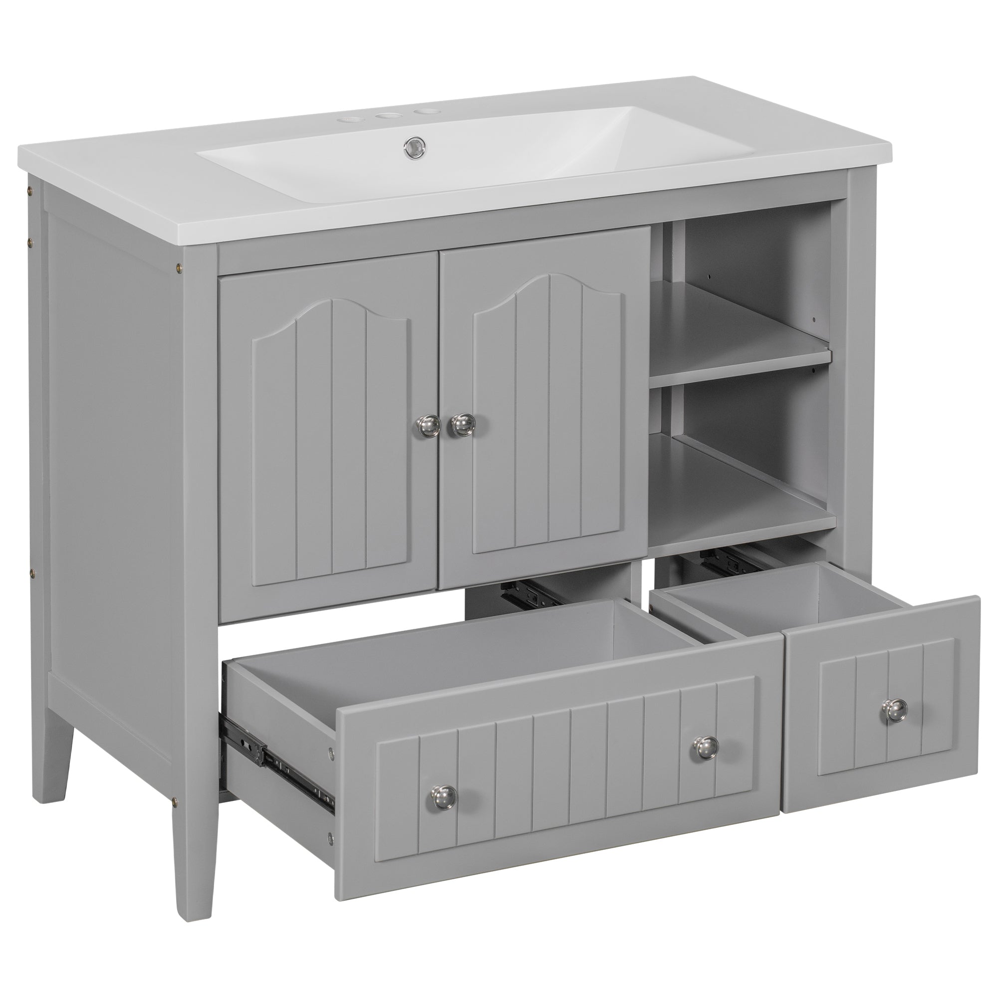 36 inch MDF Freestanding Bathroom Vanity Set with Doors and Drawer and Integrated Ceramic Sink
