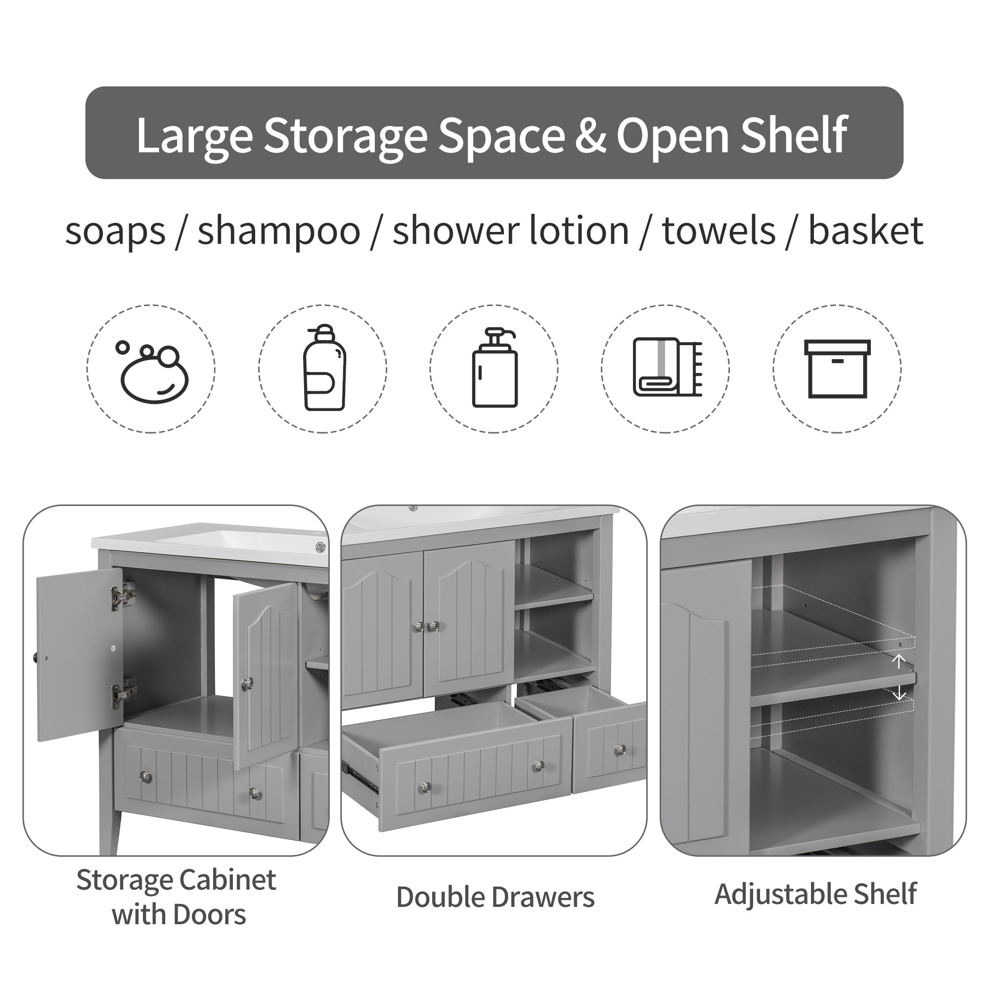 36 inch MDF Freestanding Bathroom Vanity Set with Doors and Drawer and Integrated Ceramic Sink