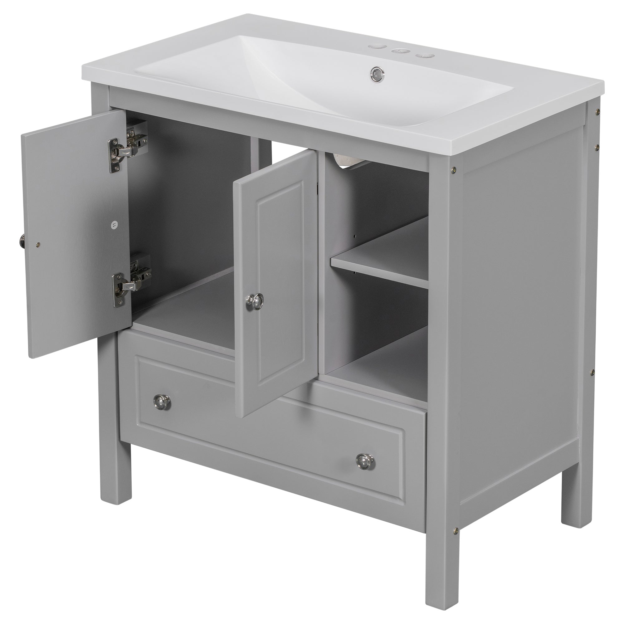 30 inch MDF Freestanding Bathroom Vanity Set with Doors and Drawer and Integrated Ceramic Sink