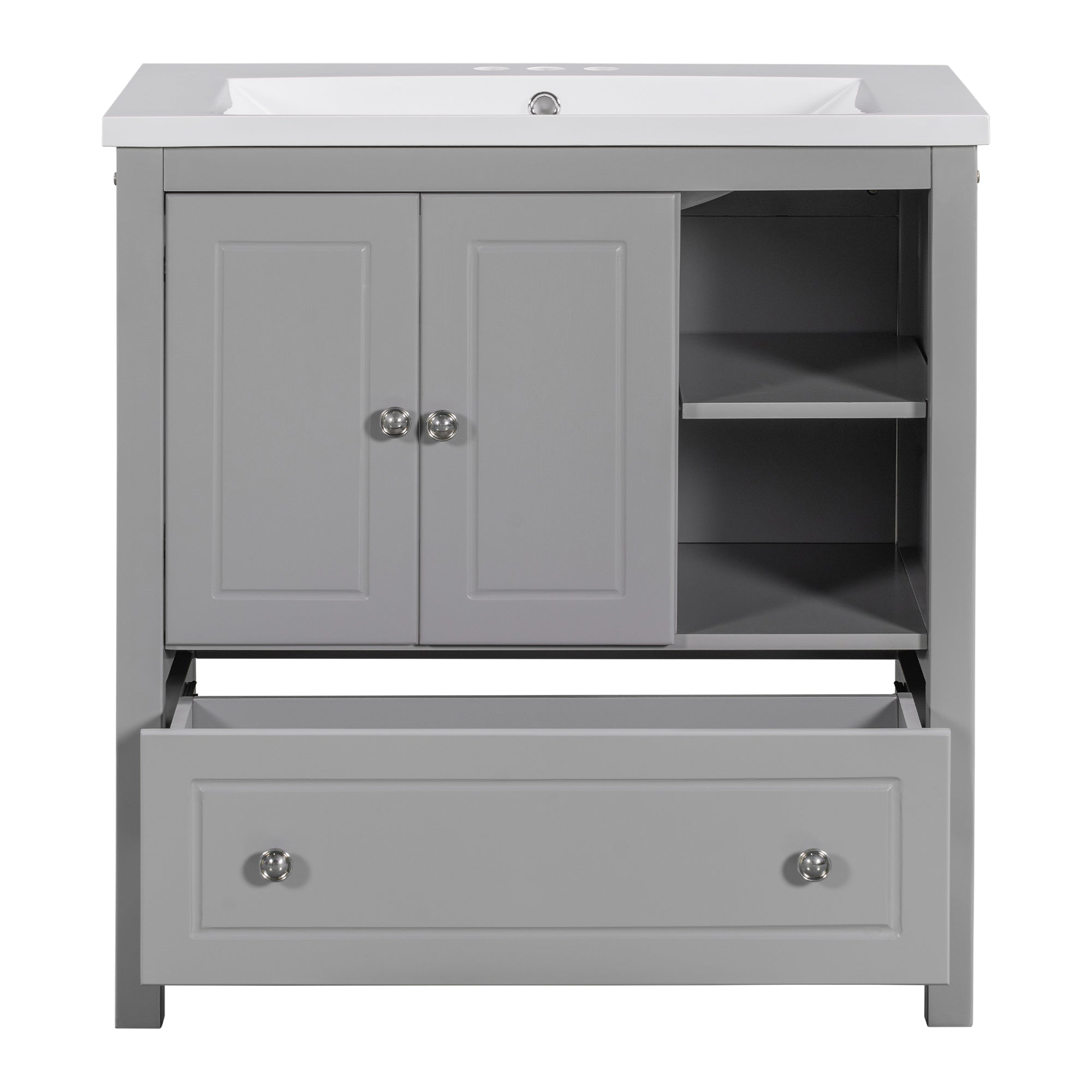 30 inch MDF Freestanding Bathroom Vanity Set with Doors and Drawer and Integrated Ceramic Sink