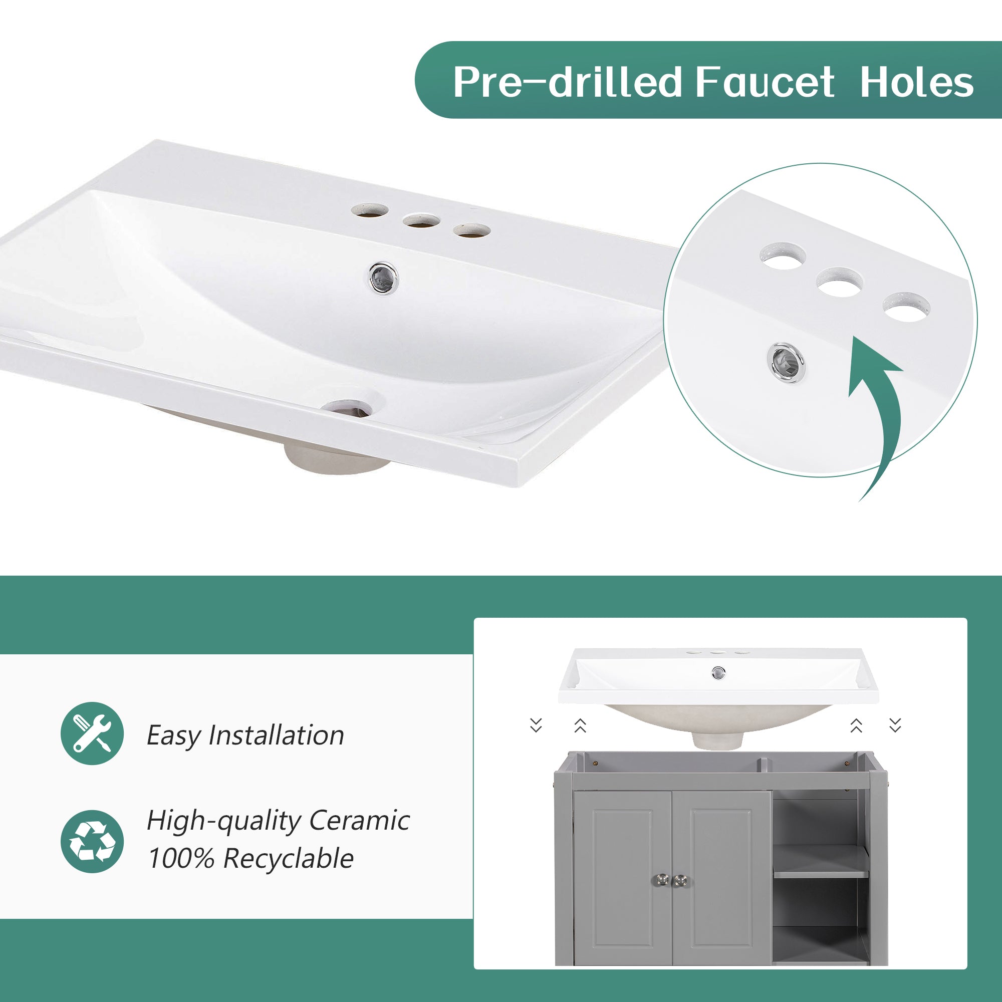 30 inch MDF Freestanding Bathroom Vanity Set with Doors and Drawer and Integrated Ceramic Sink