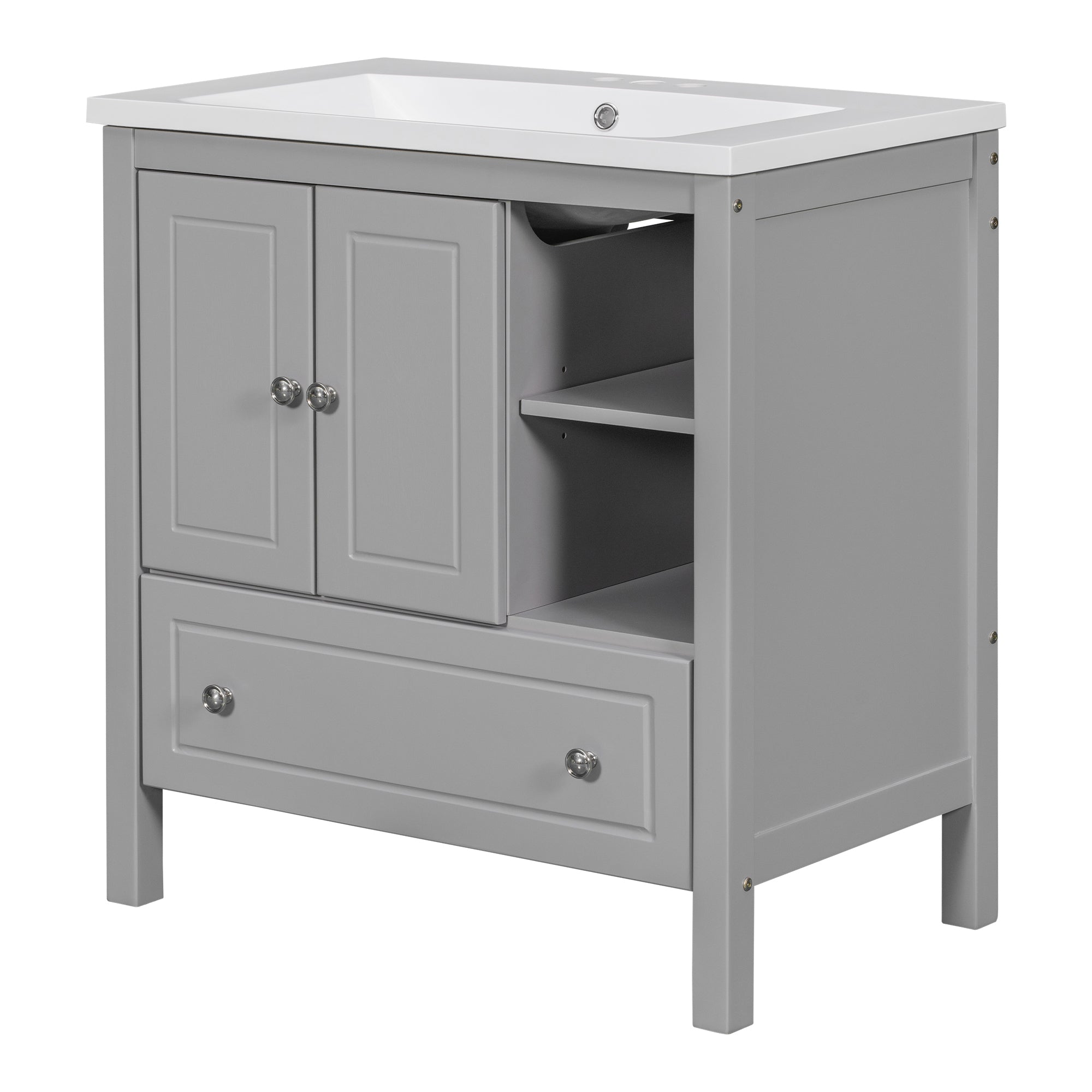 30 inch MDF Freestanding Bathroom Vanity Set with Doors and Drawer and Integrated Ceramic Sink