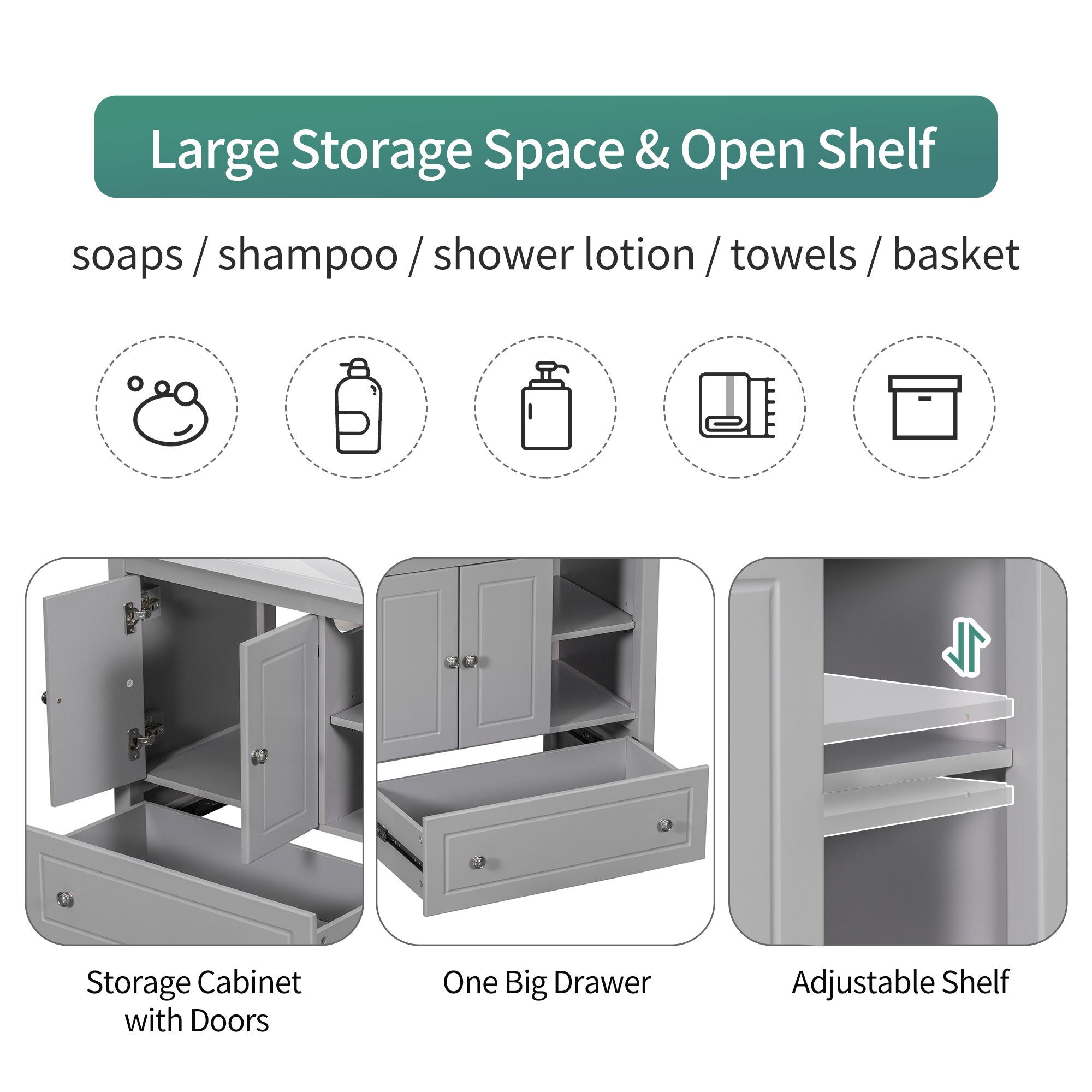 30 inch MDF Freestanding Bathroom Vanity Set with Doors and Drawer and Integrated Ceramic Sink
