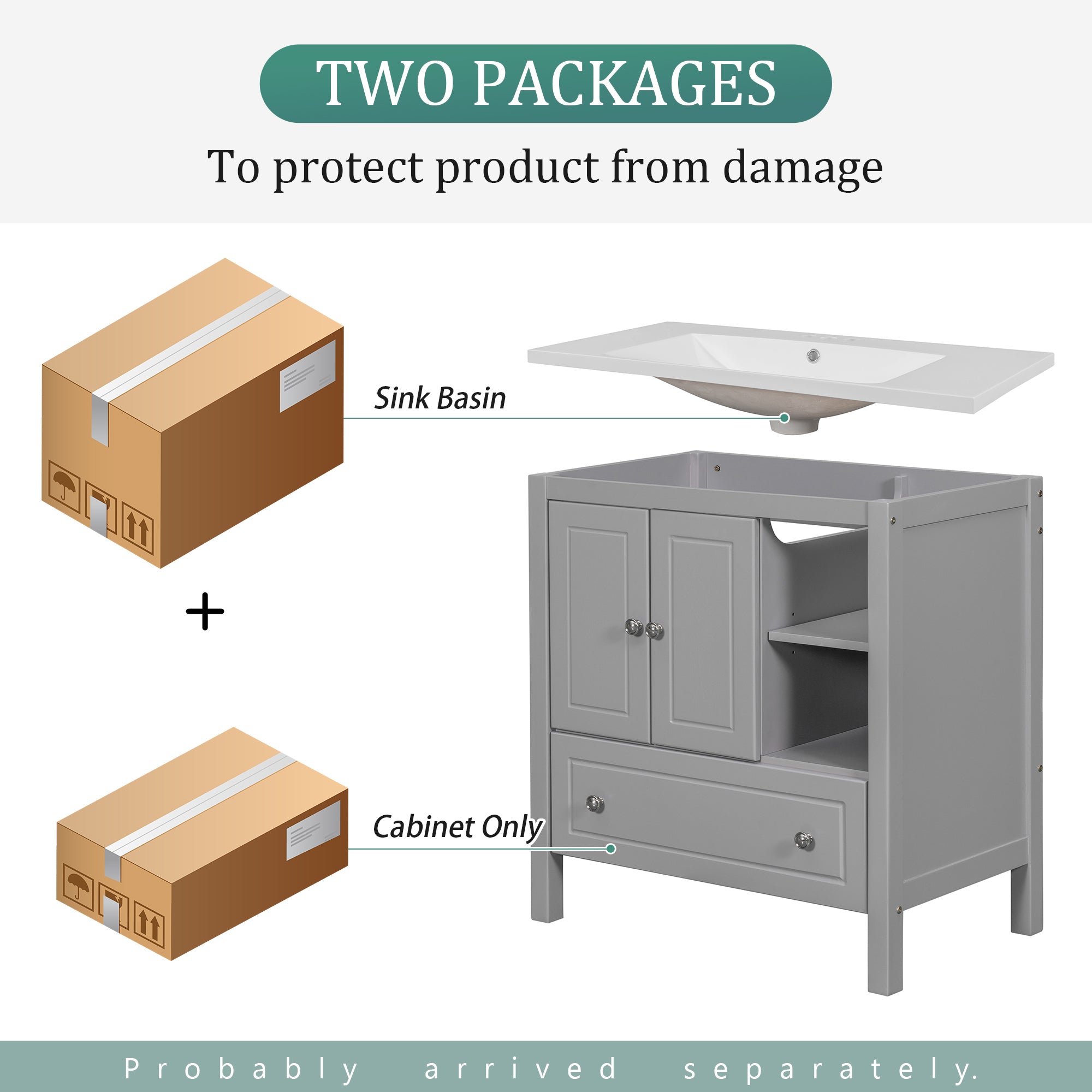 30 inch MDF Freestanding Bathroom Vanity Set with Doors and Drawer and Integrated Ceramic Sink