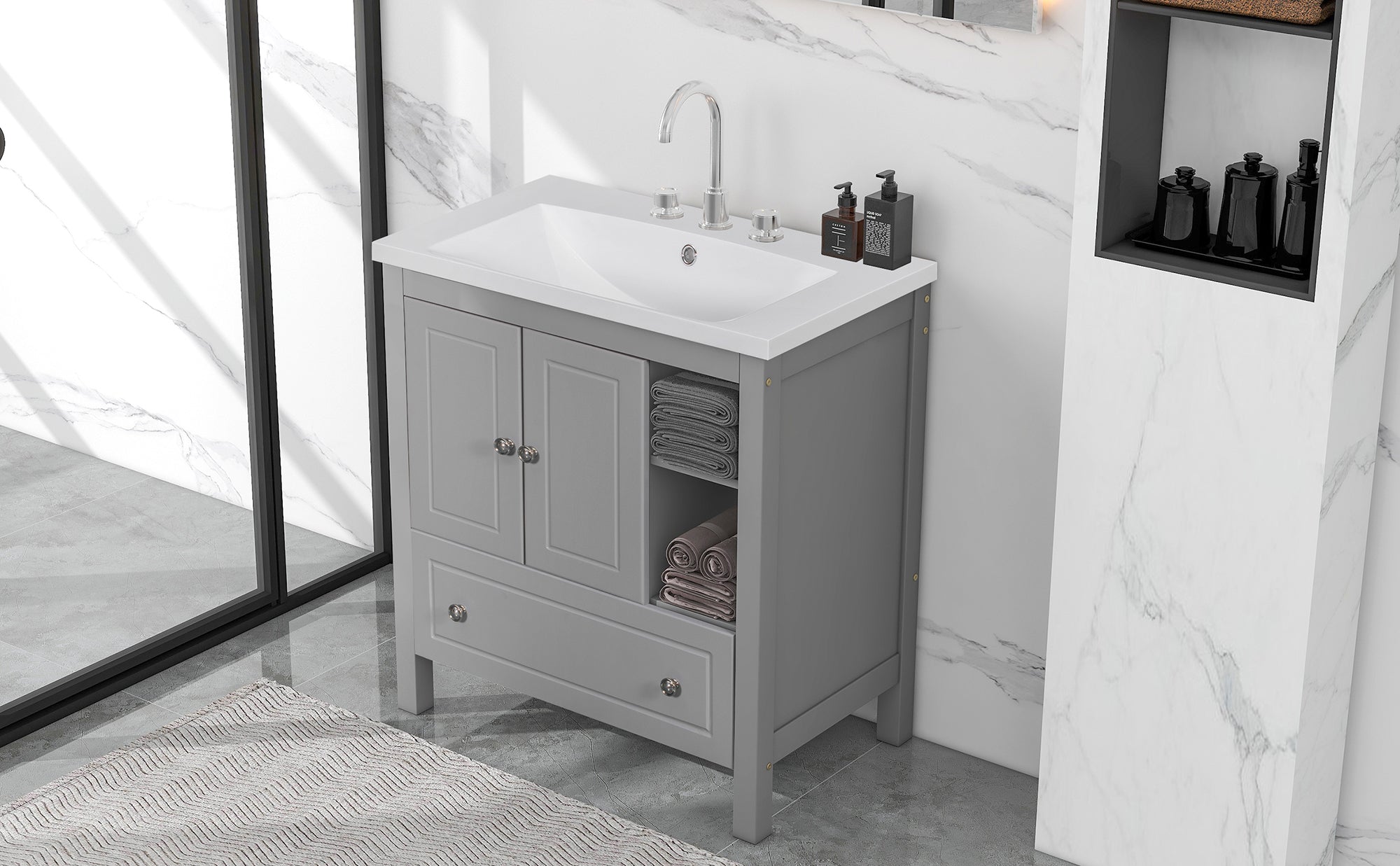 30 inch MDF Freestanding Bathroom Vanity Set with Doors and Drawer and Integrated Ceramic Sink