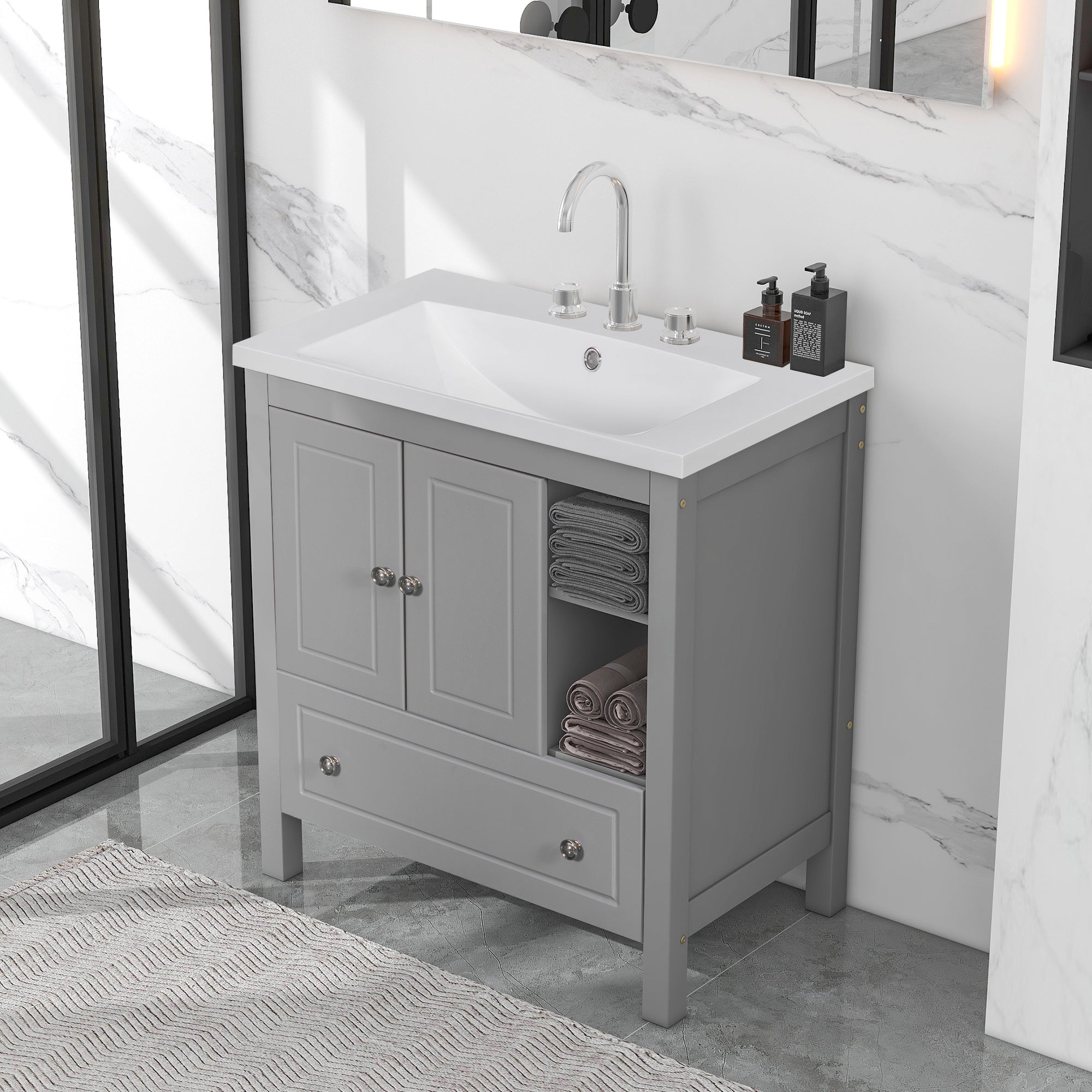 30 inch MDF Freestanding Bathroom Vanity Set with Doors and Drawer and Integrated Ceramic Sink