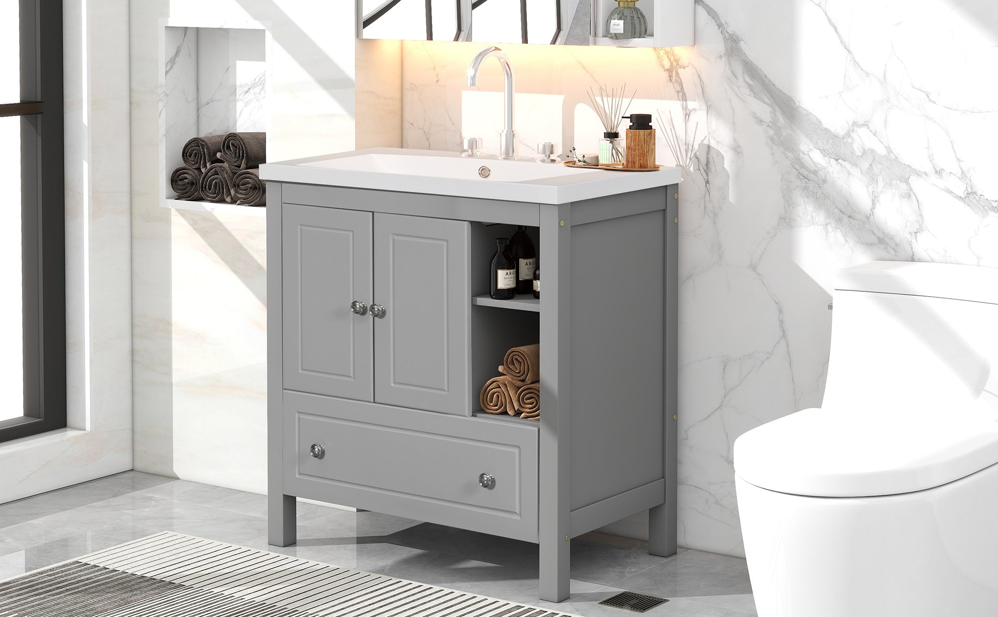 30 inch MDF Freestanding Bathroom Vanity Set with Doors and Drawer and Integrated Ceramic Sink