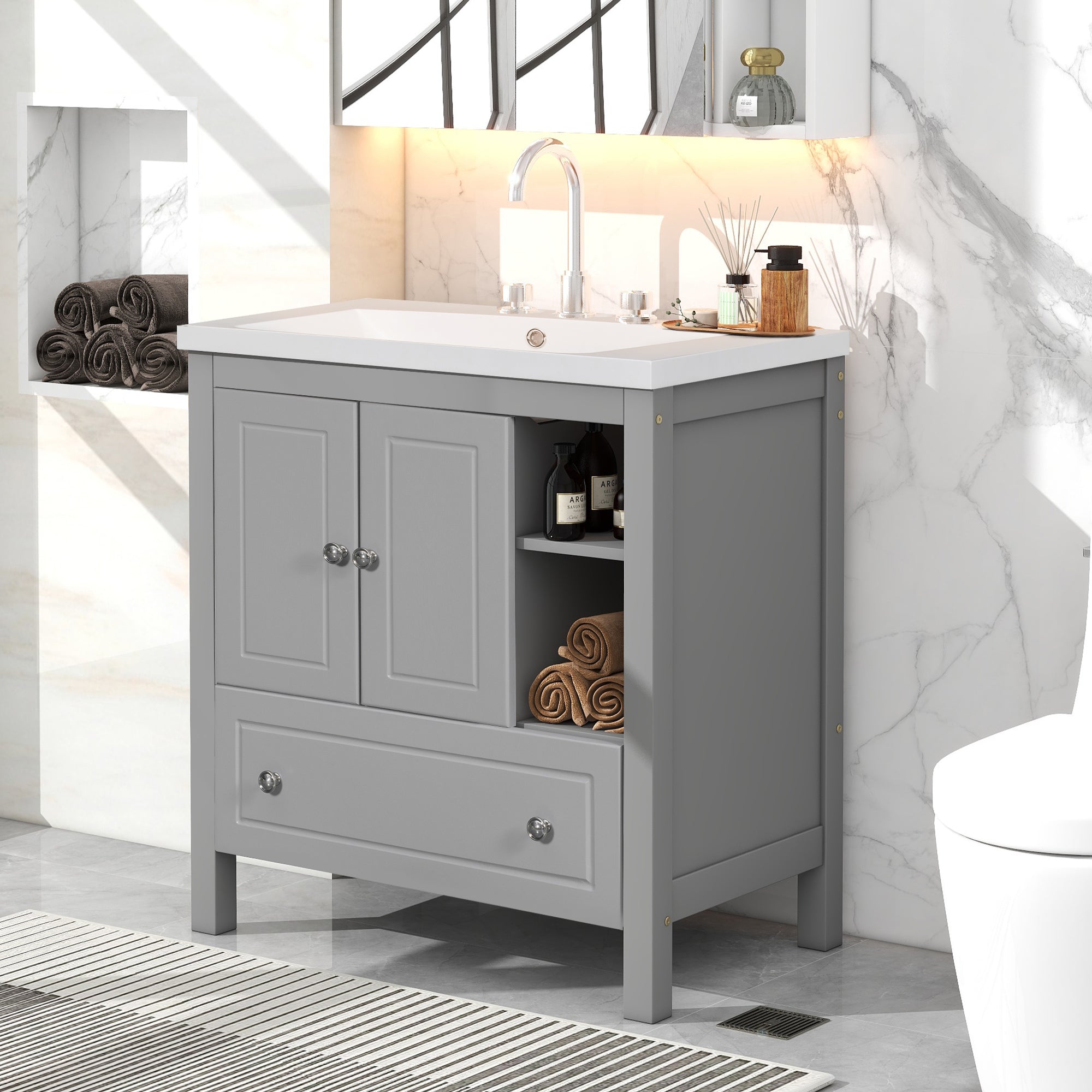 30 inch MDF Freestanding Bathroom Vanity Set with Doors and Drawer and Integrated Ceramic Sink