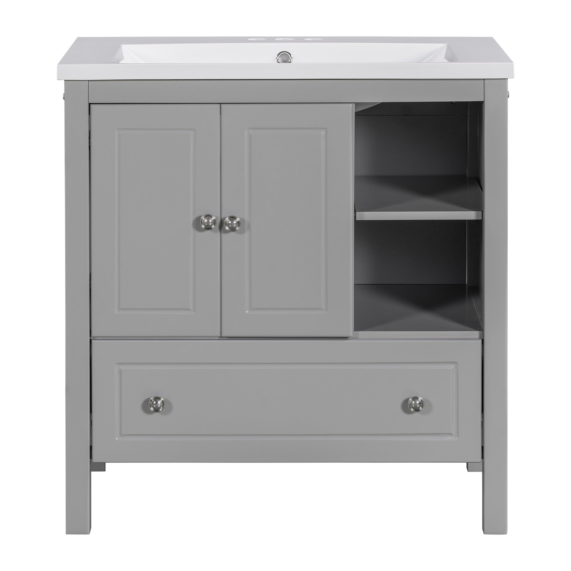30 inch MDF Freestanding Bathroom Vanity Set with Doors and Drawer and Integrated Ceramic Sink