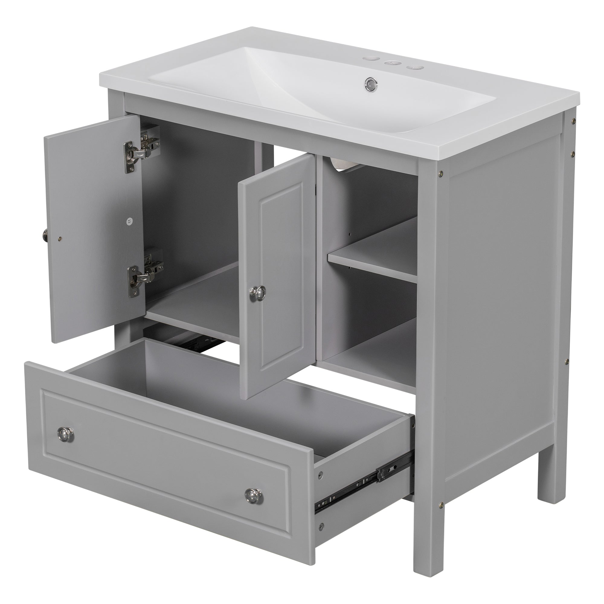 30 inch MDF Freestanding Bathroom Vanity Set with Doors and Drawer and Integrated Ceramic Sink