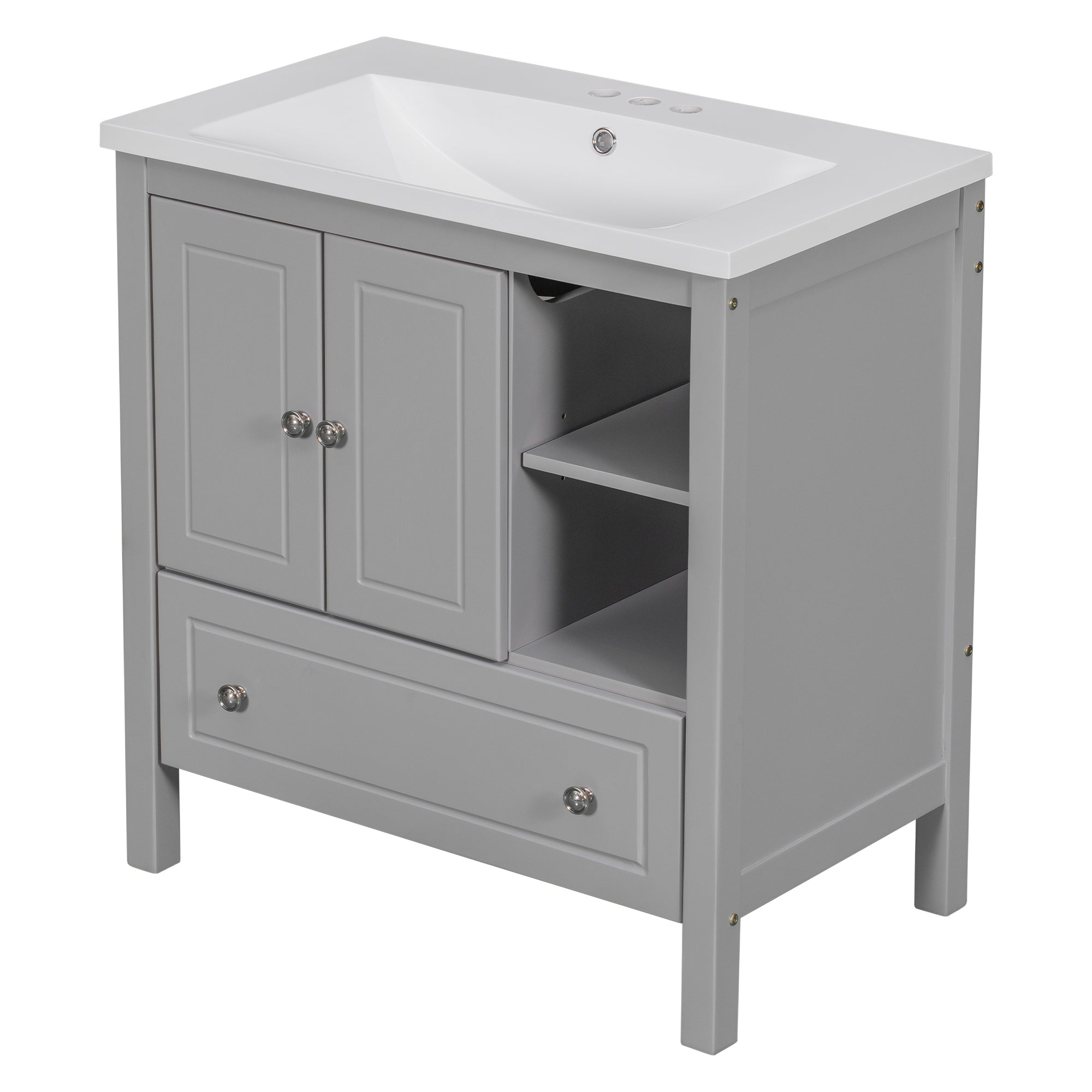 30 inch MDF Freestanding Bathroom Vanity Set with Doors and Drawer and Integrated Ceramic Sink