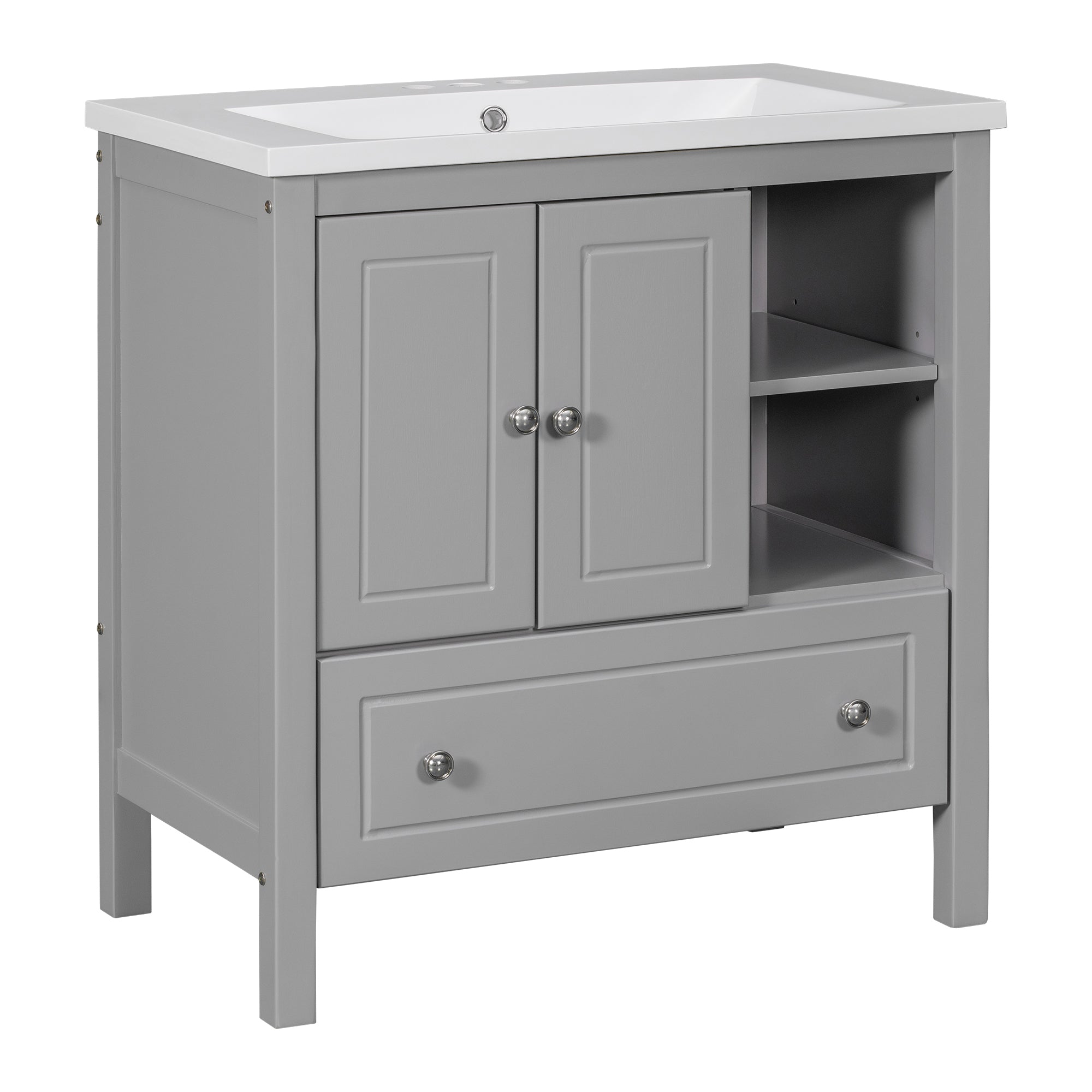 30 inch MDF Freestanding Bathroom Vanity Set with Doors and Drawer and Integrated Ceramic Sink