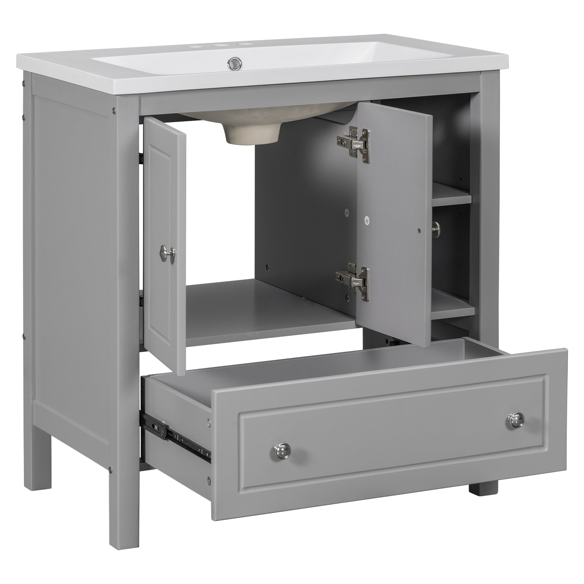 30 inch MDF Freestanding Bathroom Vanity Set with Doors and Drawer and Integrated Ceramic Sink