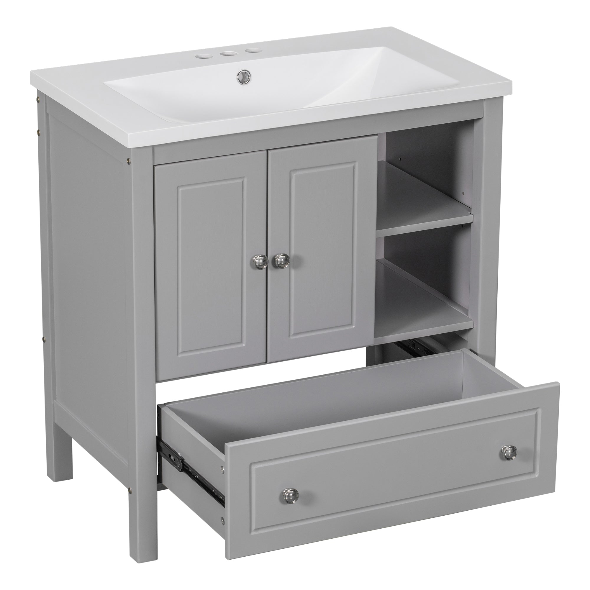 30 inch MDF Freestanding Bathroom Vanity Set with Doors and Drawer and Integrated Ceramic Sink