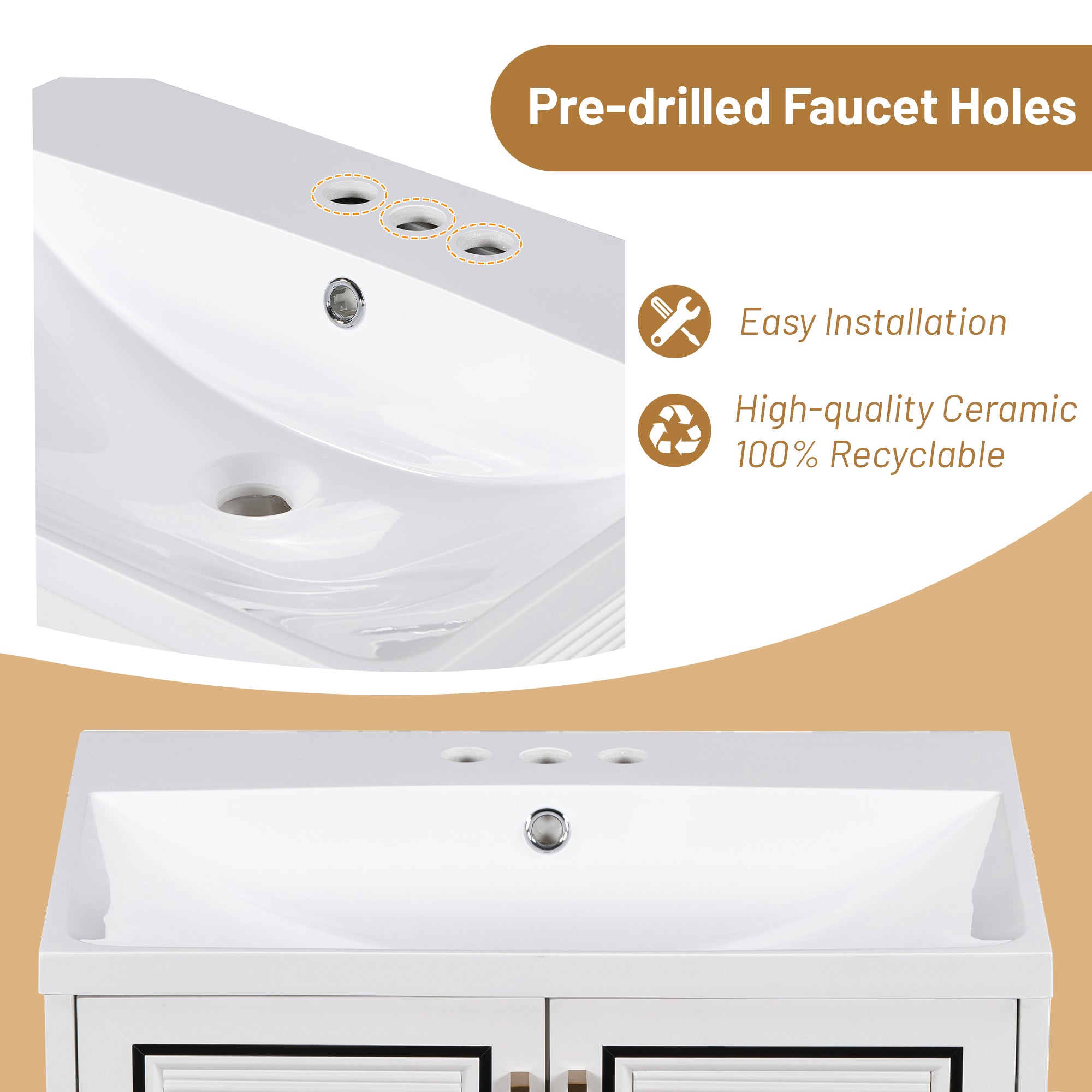 24 inch MDF Wall-Mounted Bathroom Vanity Set with Doors and Integrated Ceramic Sink