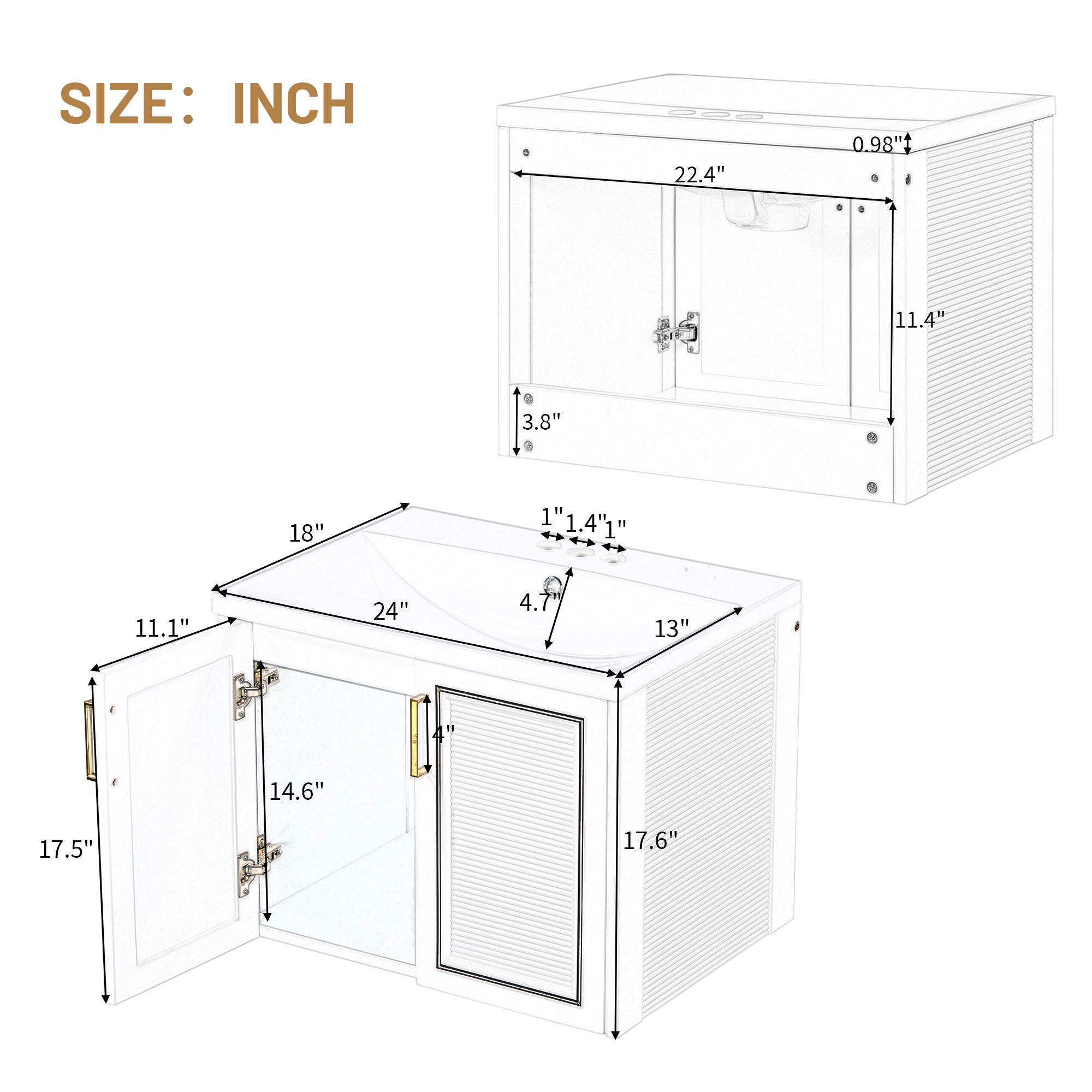 24 inch MDF Wall-Mounted Bathroom Vanity Set with Doors and Integrated Ceramic Sink