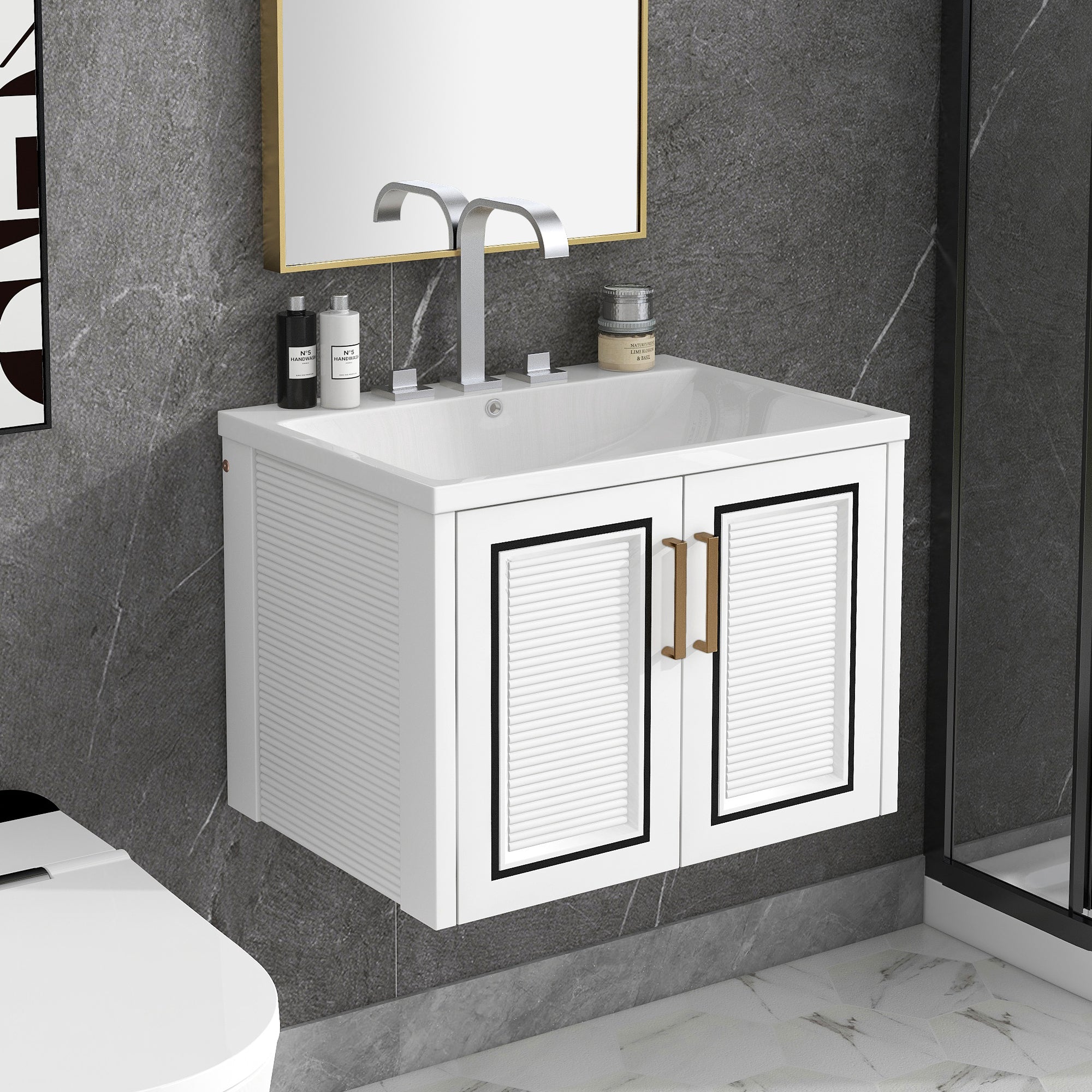 24 inch MDF Wall-Mounted Bathroom Vanity Set with Doors and Integrated Ceramic Sink