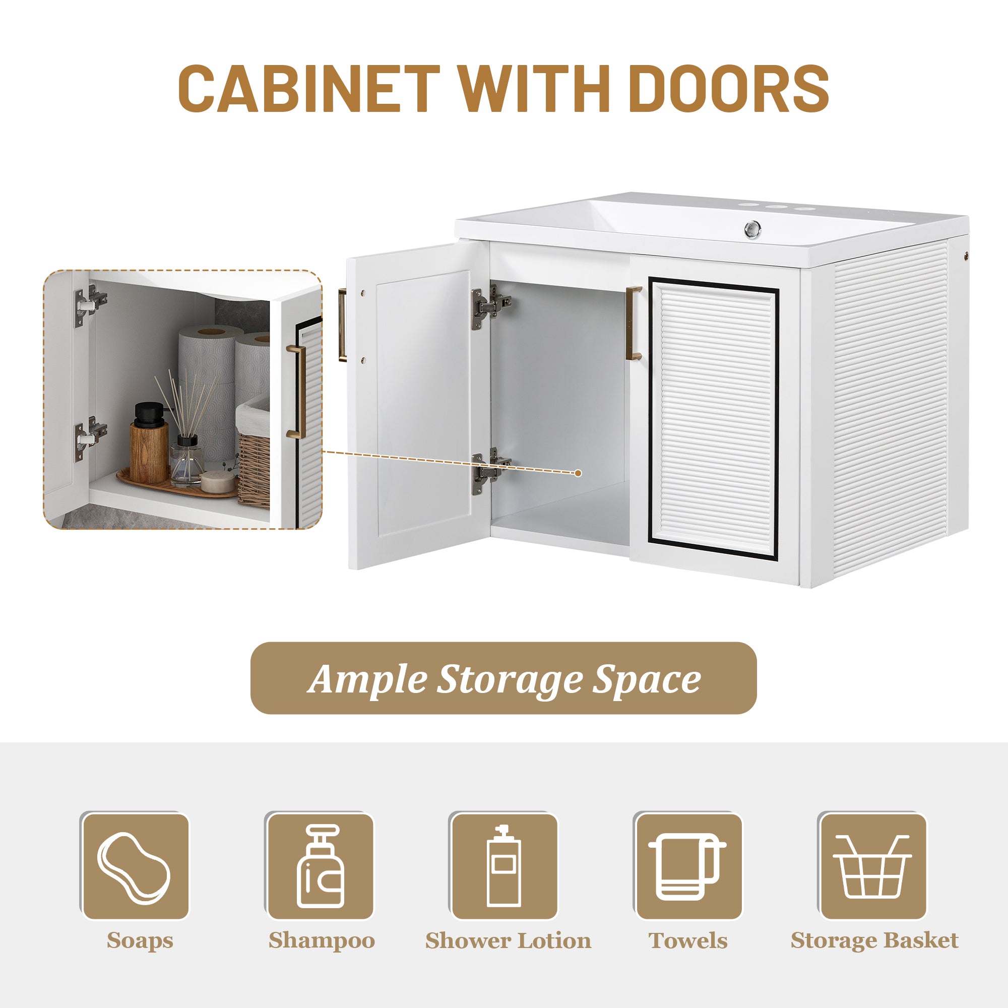 24 inch MDF Wall-Mounted Bathroom Vanity Set with Doors and Integrated Ceramic Sink