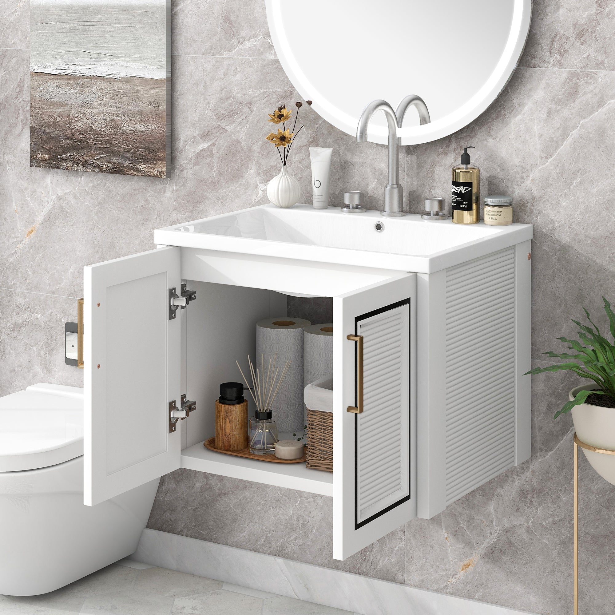 24 inch MDF Wall-Mounted Bathroom Vanity Set with Doors and Integrated Ceramic Sink