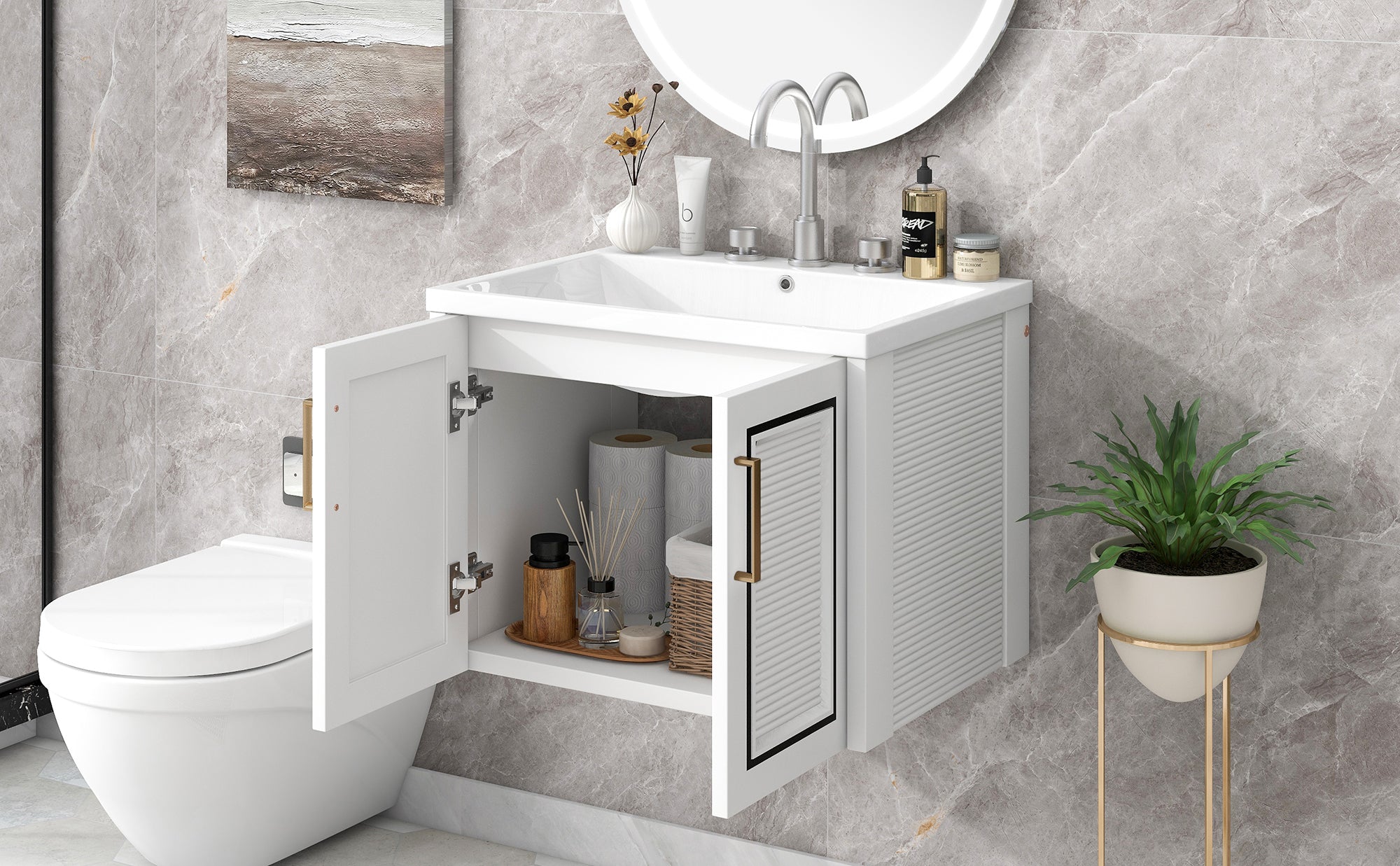 24 inch MDF Wall-Mounted Bathroom Vanity Set with Doors and Integrated Ceramic Sink