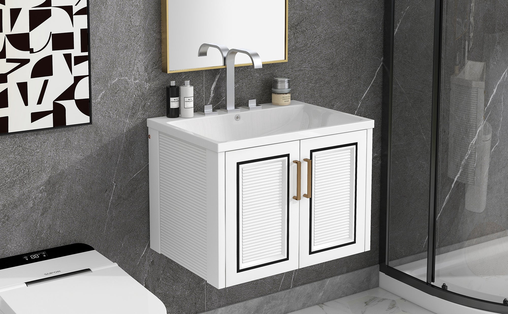 24 inch MDF Wall-Mounted Bathroom Vanity Set with Doors and Integrated Ceramic Sink