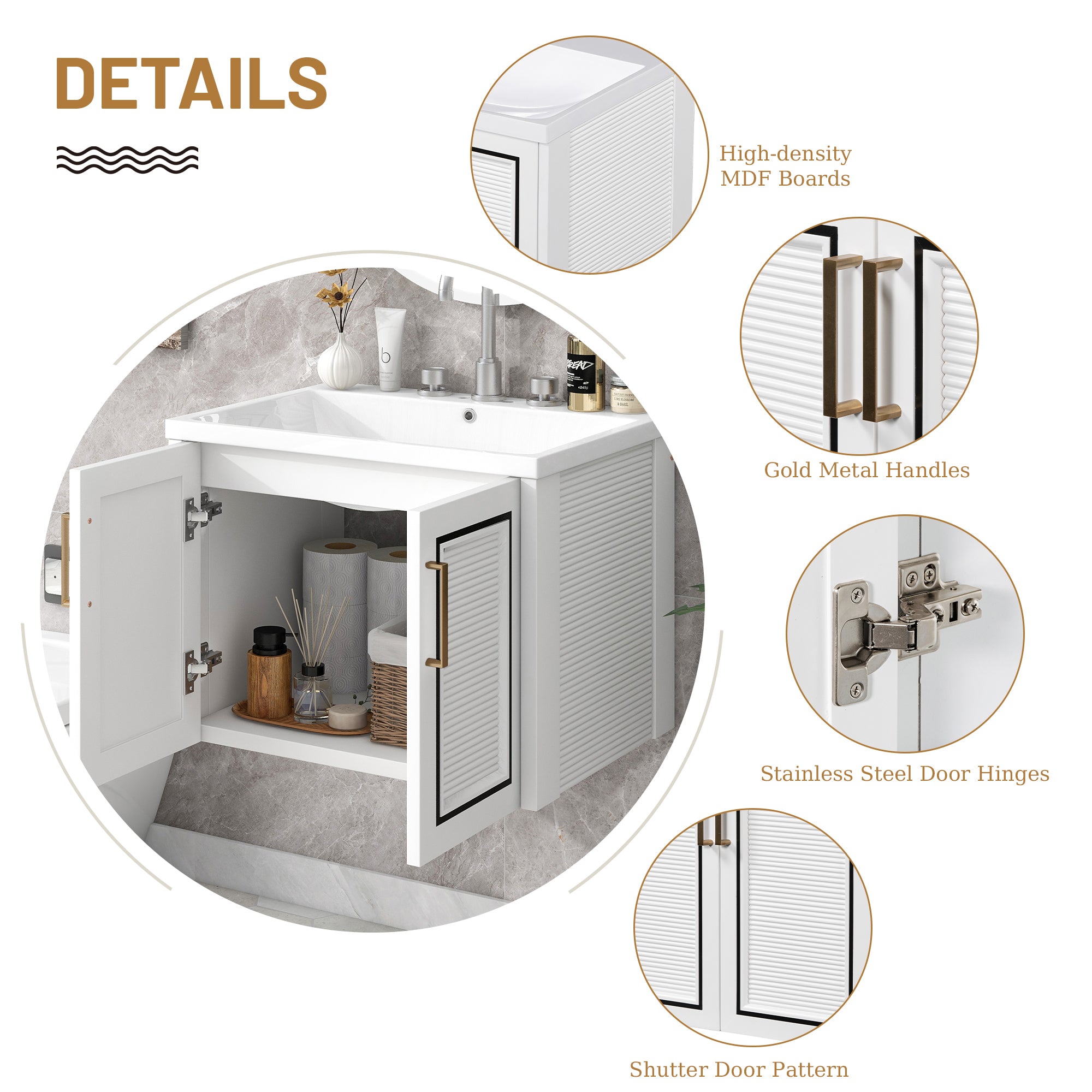 24 inch MDF Wall-Mounted Bathroom Vanity Set with Doors and Integrated Ceramic Sink