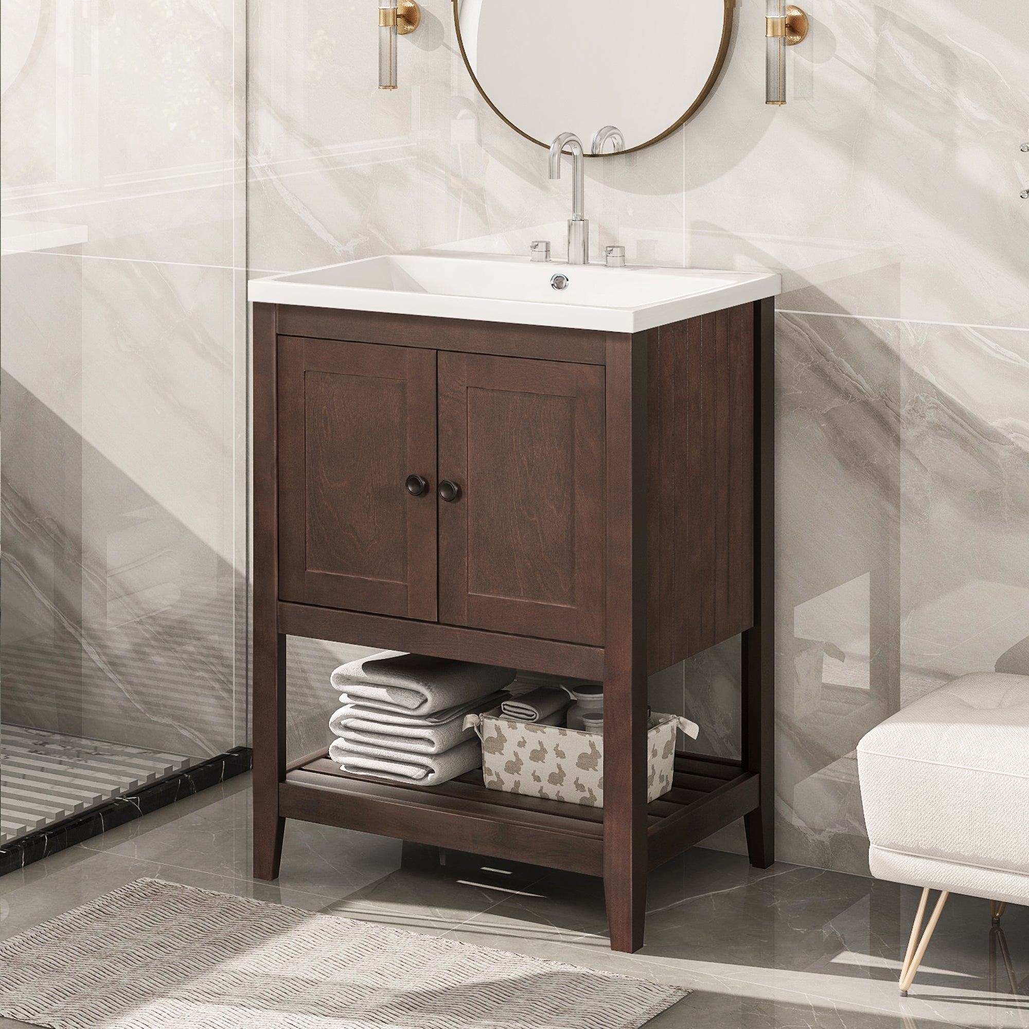 24 inch MDF Freestanding Bathroom Vanity Set with Doors and Open Shelf and Integrated Ceramic Sink