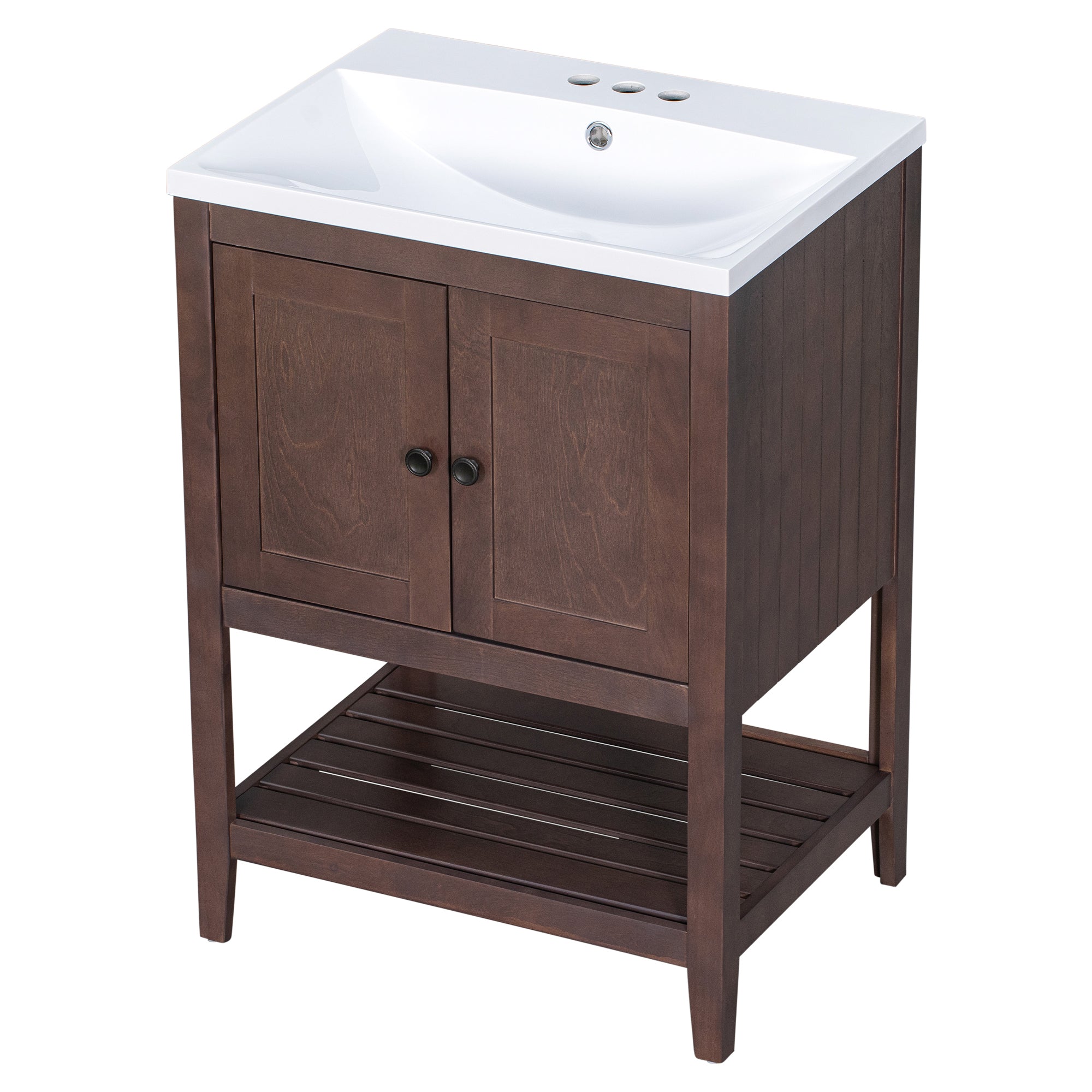 24 inch MDF Freestanding Bathroom Vanity Set with Doors and Open Shelf and Integrated Ceramic Sink