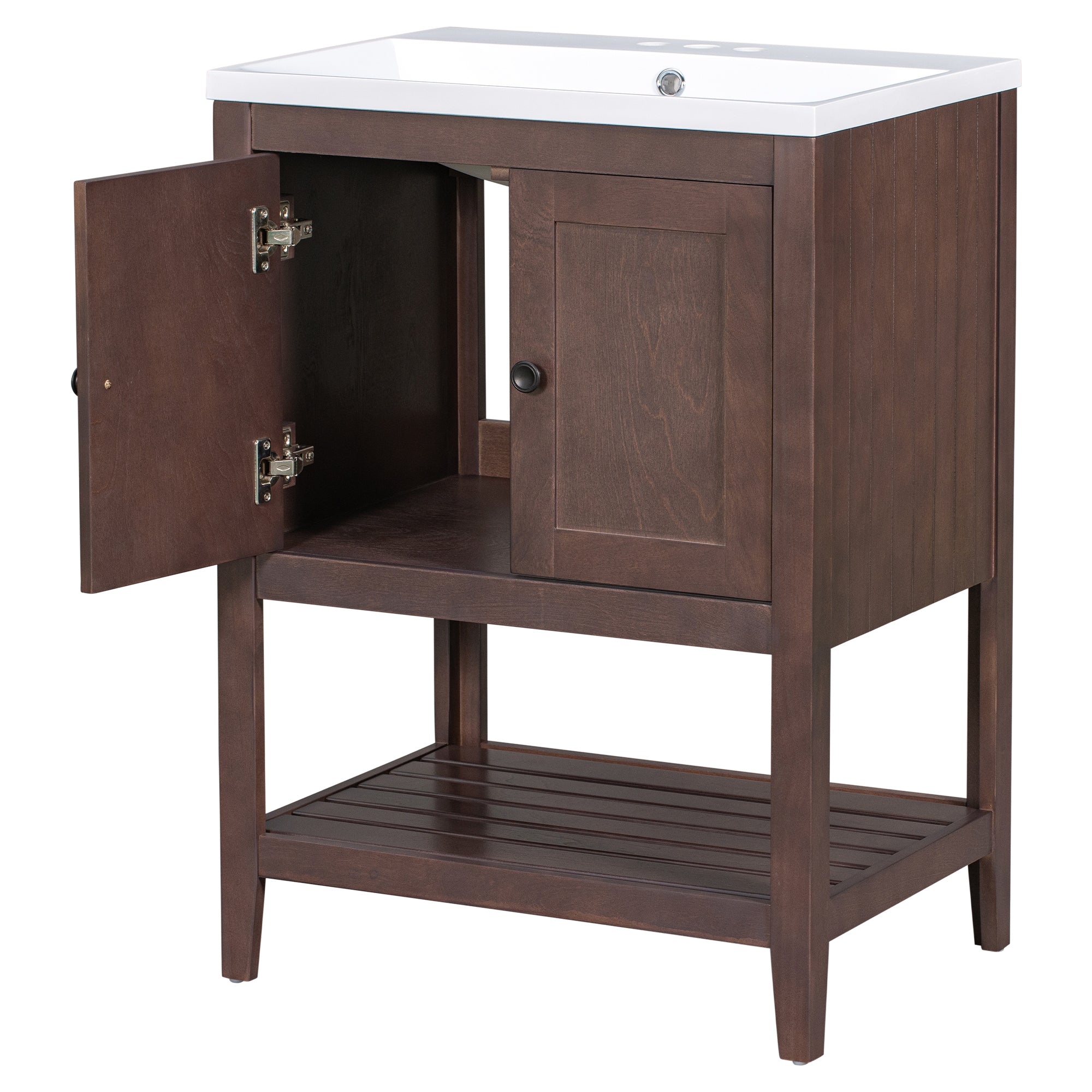 24 inch MDF Freestanding Bathroom Vanity Set with Doors and Open Shelf and Integrated Ceramic Sink
