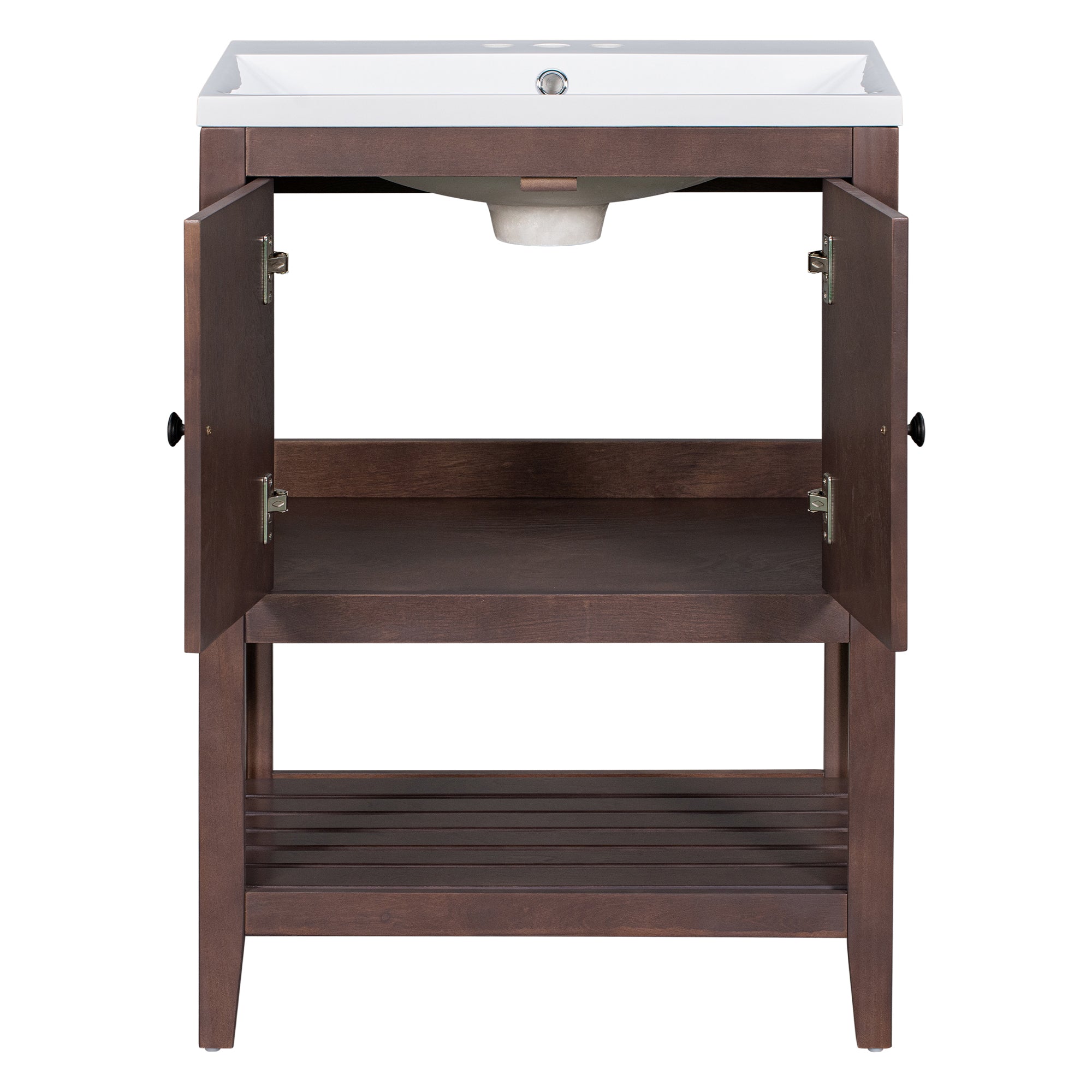 24 inch MDF Freestanding Bathroom Vanity Set with Doors and Open Shelf and Integrated Ceramic Sink
