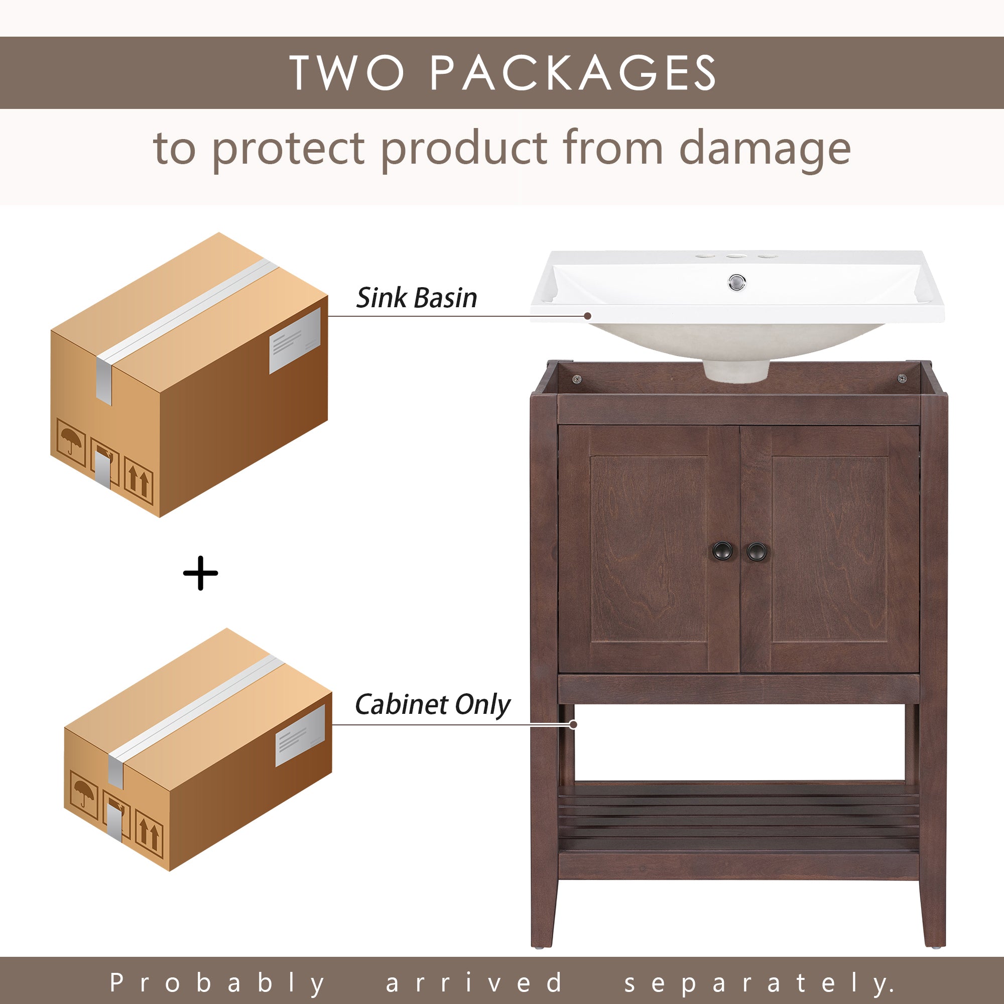 24 inch MDF Freestanding Bathroom Vanity Set with Doors and Open Shelf and Integrated Ceramic Sink