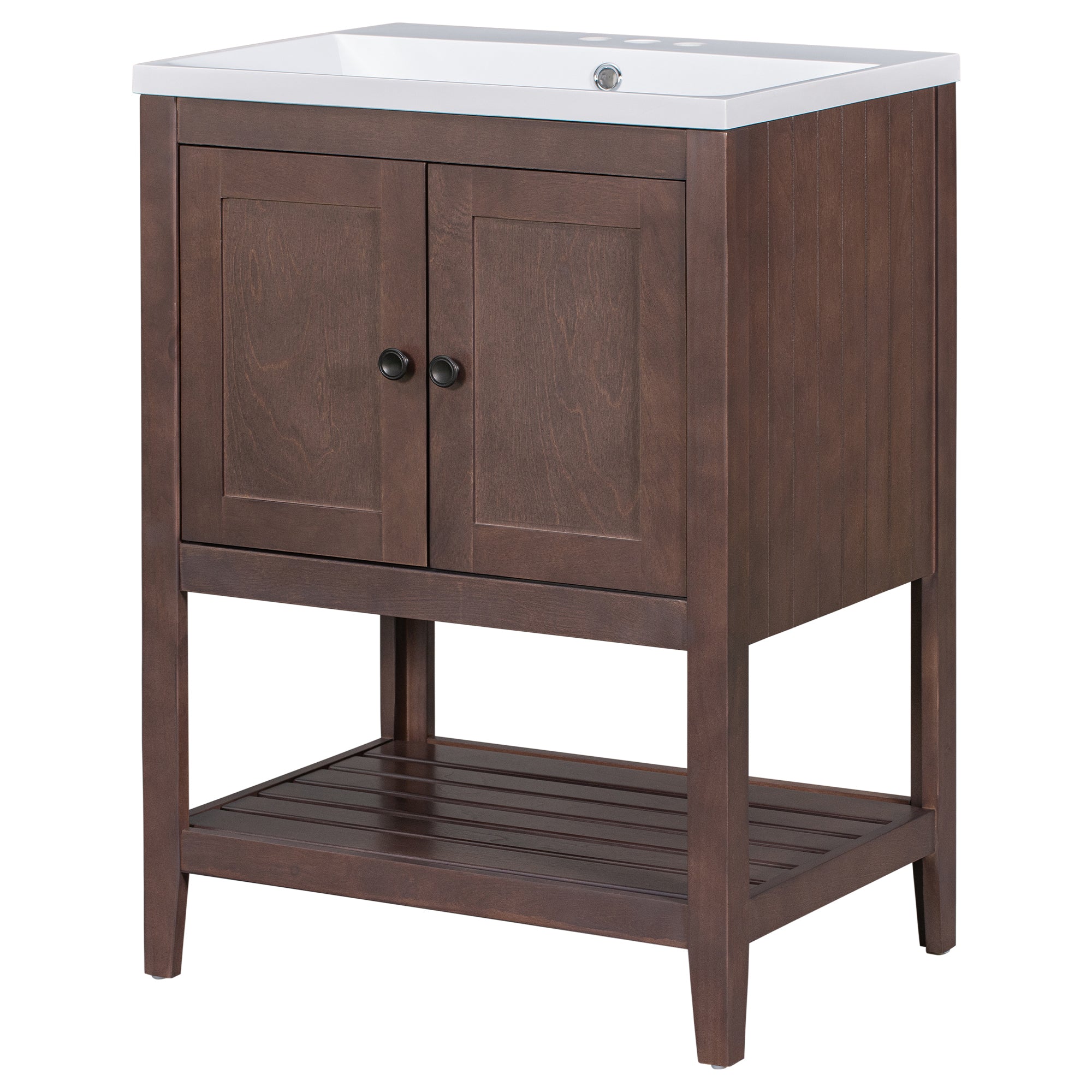 24 inch MDF Freestanding Bathroom Vanity Set with Doors and Open Shelf and Integrated Ceramic Sink