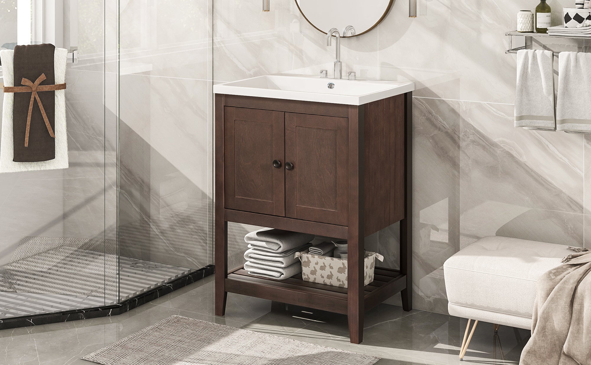 24 inch MDF Freestanding Bathroom Vanity Set with Doors and Open Shelf and Integrated Ceramic Sink