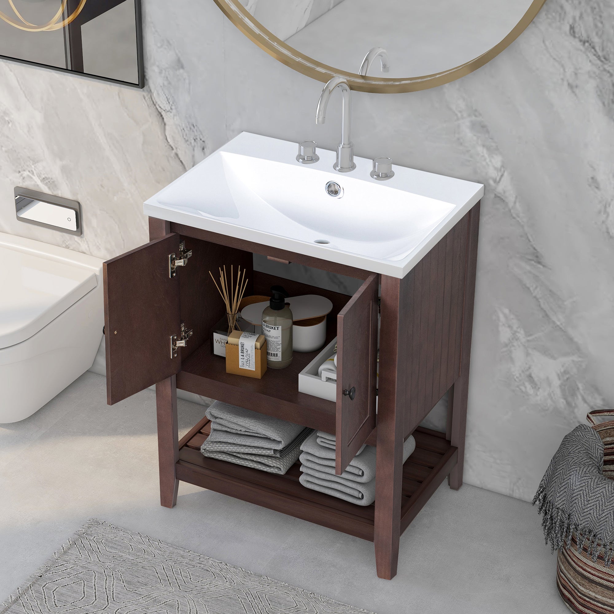 24 inch MDF Freestanding Bathroom Vanity Set with Doors and Open Shelf and Integrated Ceramic Sink