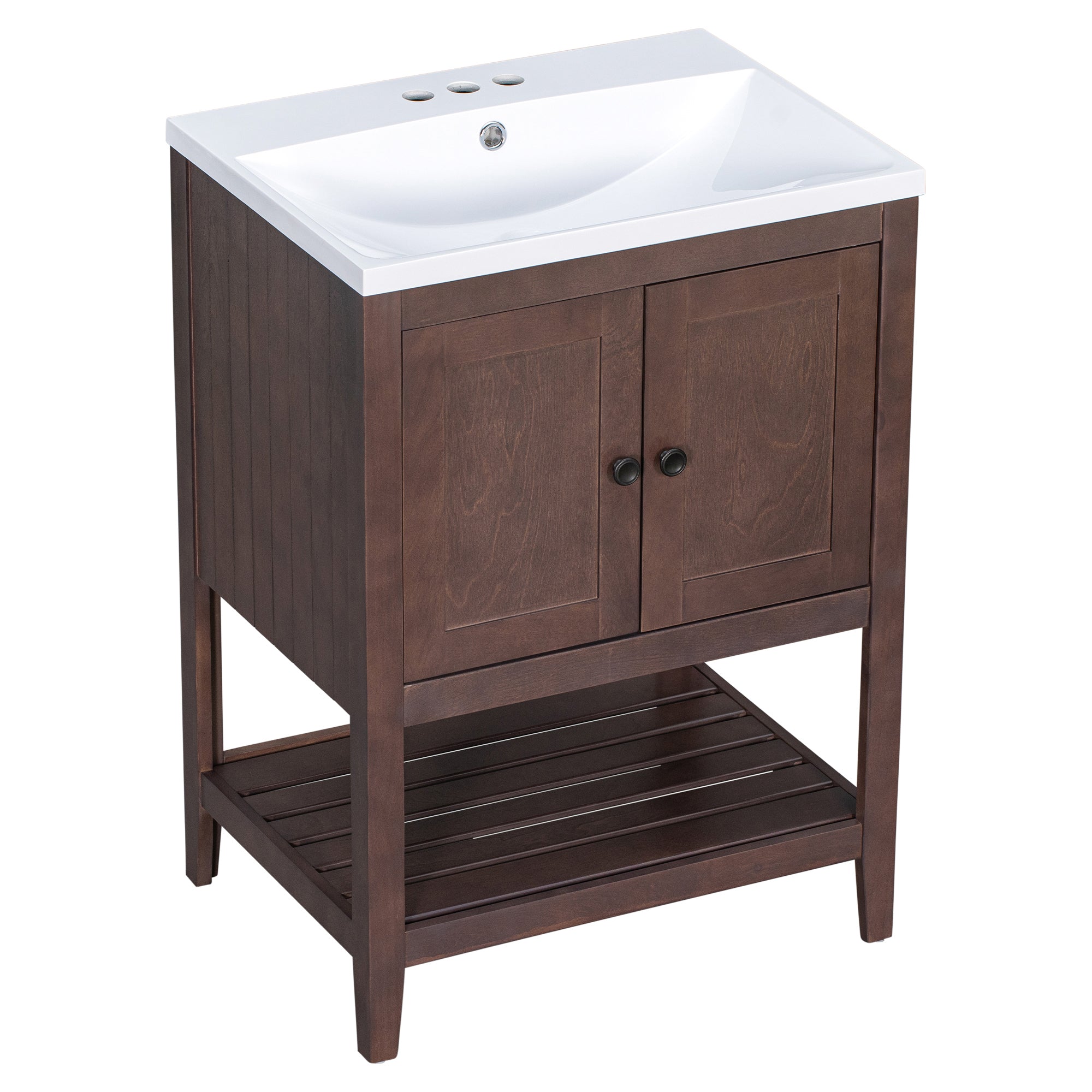 24 inch MDF Freestanding Bathroom Vanity Set with Doors and Open Shelf and Integrated Ceramic Sink