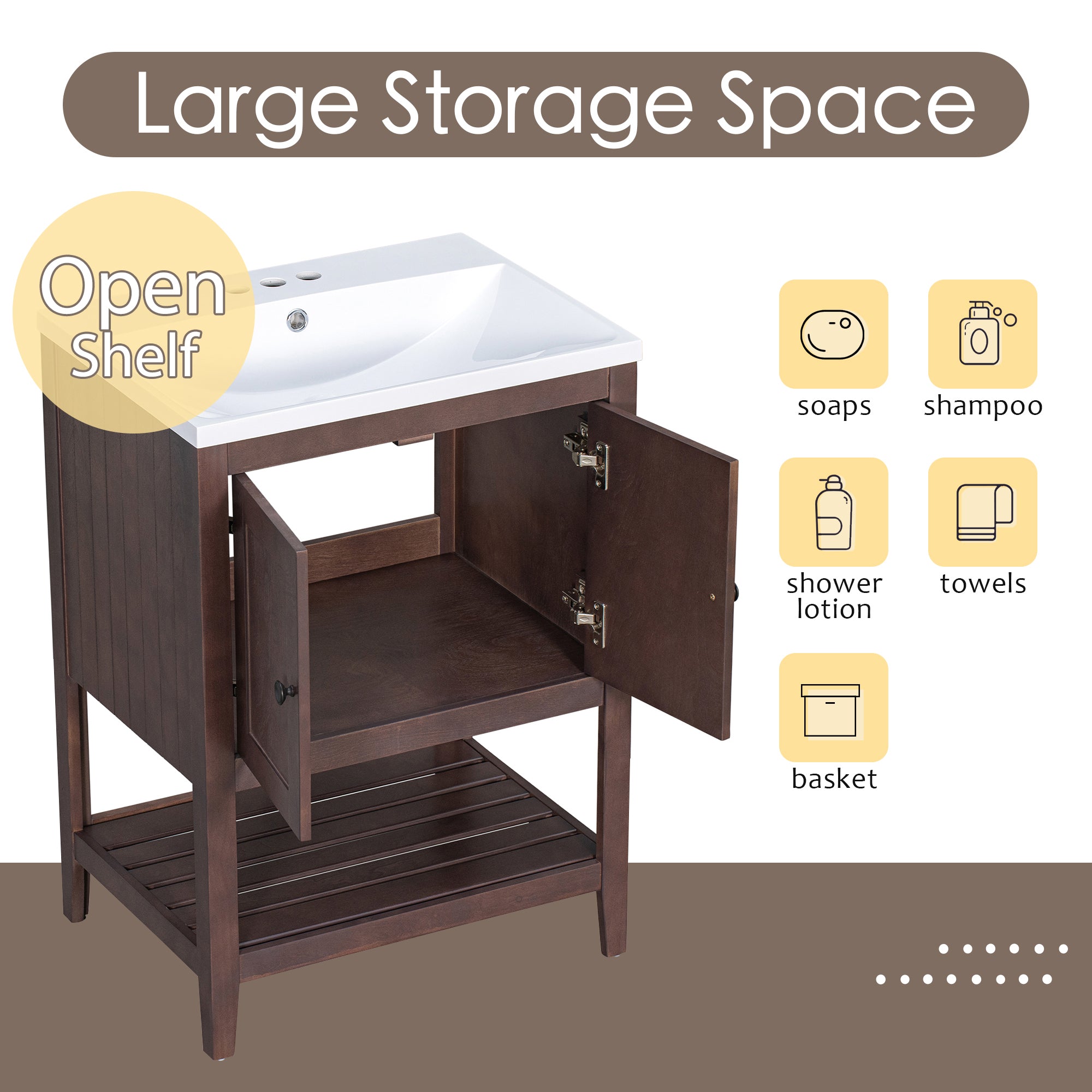 24 inch MDF Freestanding Bathroom Vanity Set with Doors and Open Shelf and Integrated Ceramic Sink