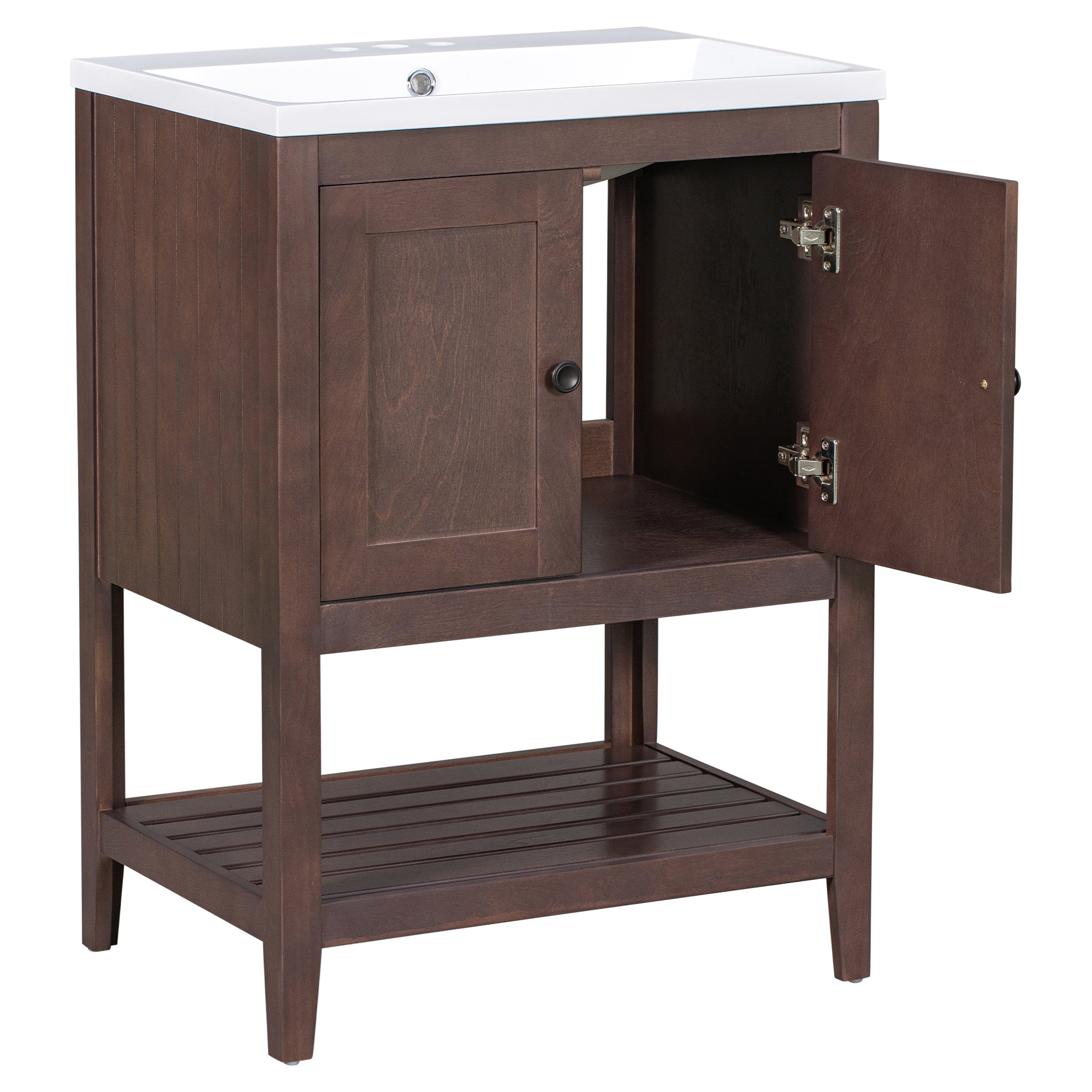24 inch MDF Freestanding Bathroom Vanity Set with Doors and Open Shelf and Integrated Ceramic Sink