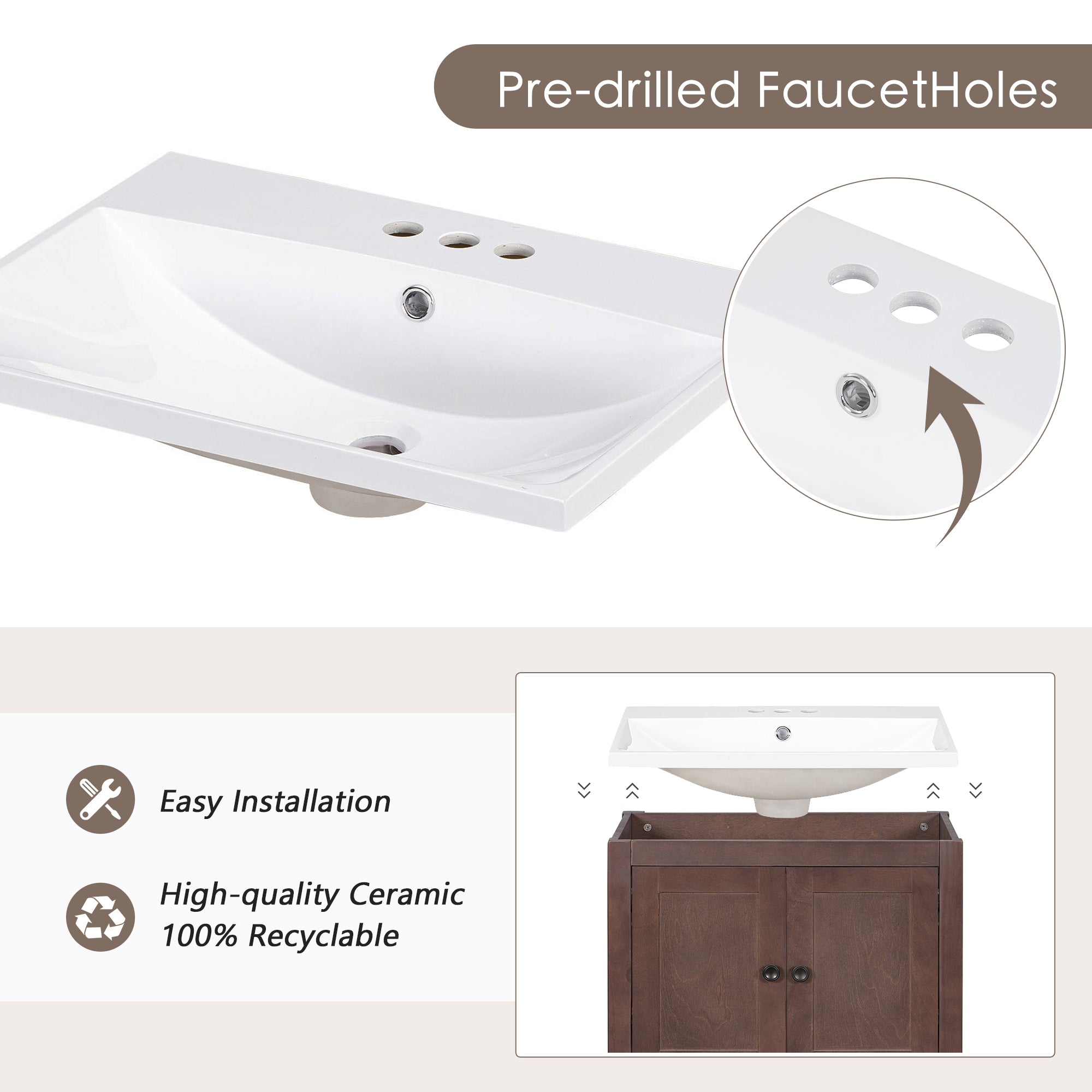24 inch MDF Freestanding Bathroom Vanity Set with Doors and Open Shelf and Integrated Ceramic Sink
