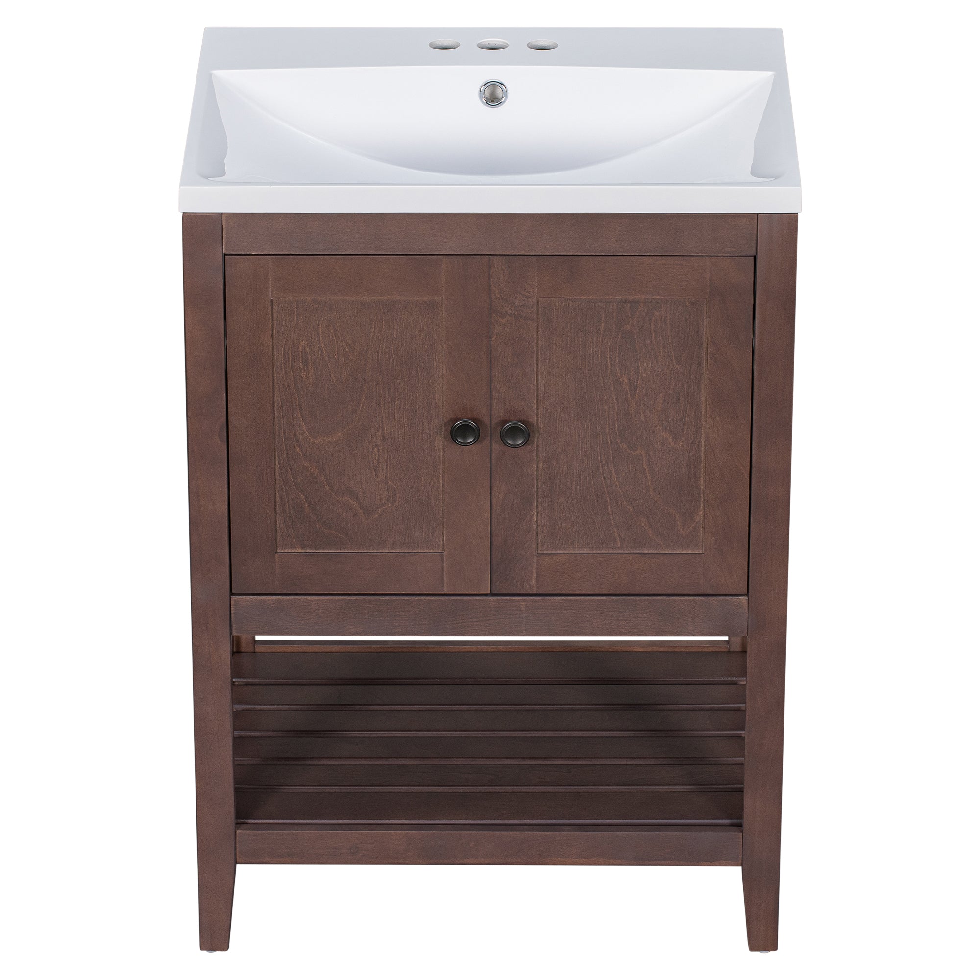 24 inch MDF Freestanding Bathroom Vanity Set with Doors and Open Shelf and Integrated Ceramic Sink