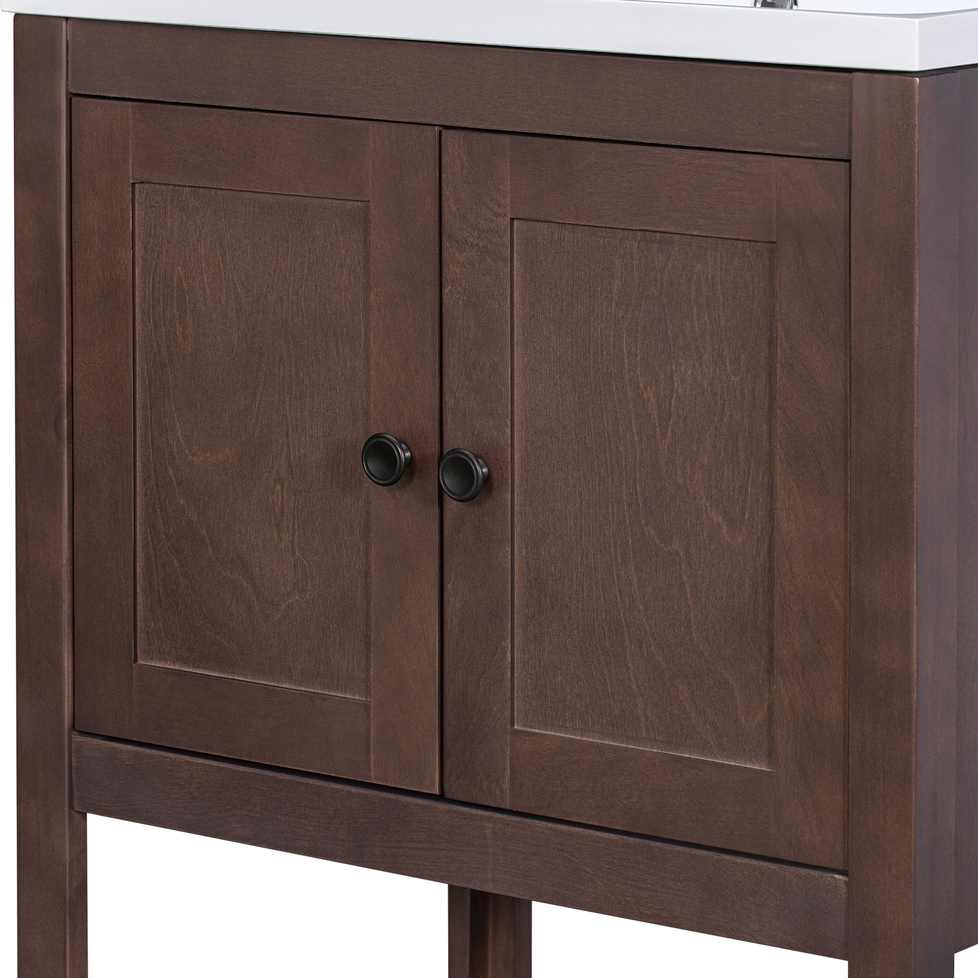 24 inch MDF Freestanding Bathroom Vanity Set with Doors and Open Shelf and Integrated Ceramic Sink