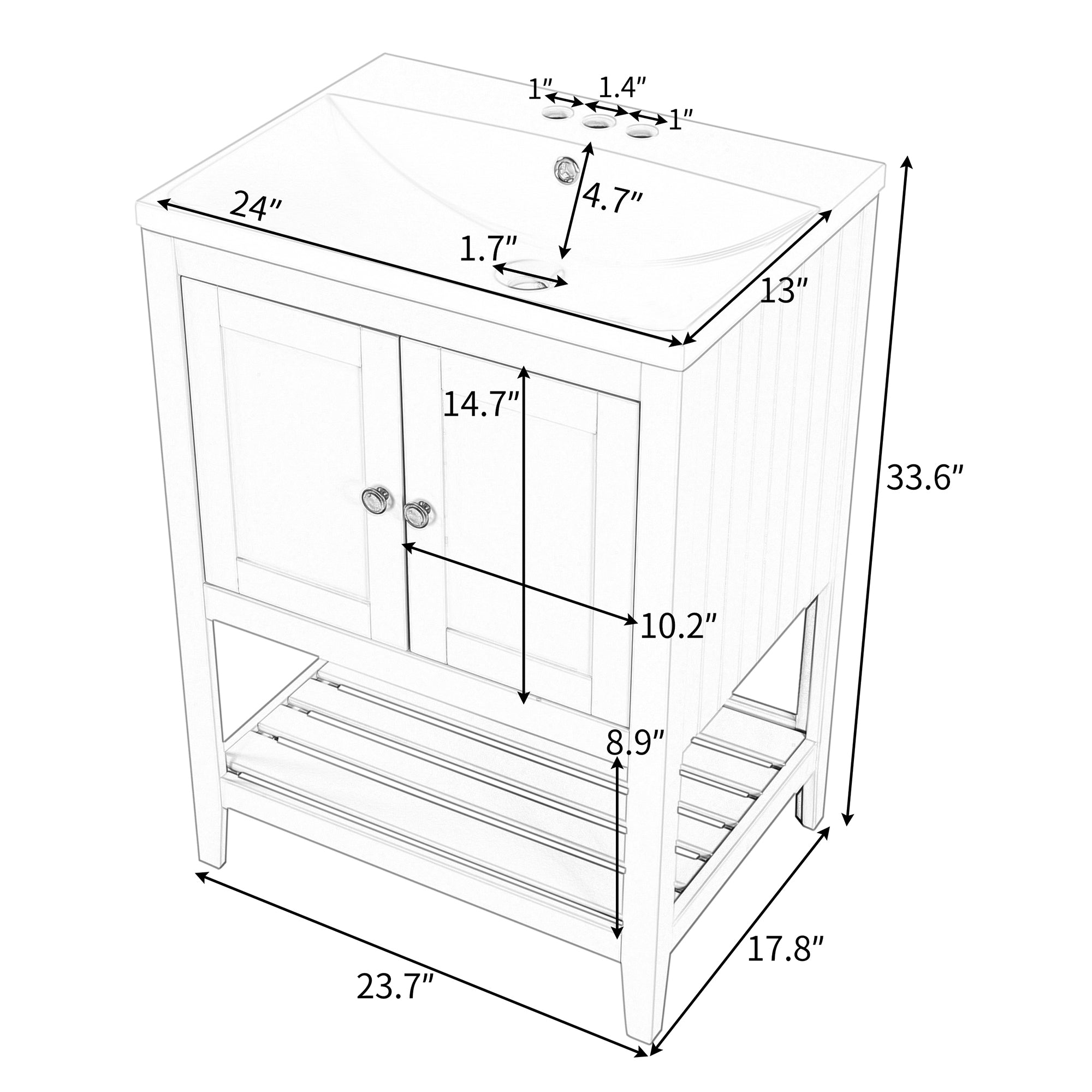 24 inch MDF Freestanding Bathroom Vanity Set with Doors and Open Shelf and Integrated Ceramic Sink